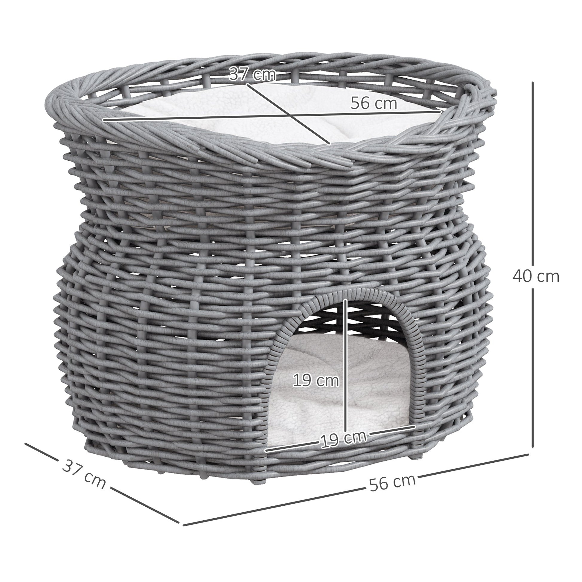 2-Tier Wicker Cat House Elevated Pet Bed Basket Willow Kitten Tower Pet Den. Cozy Cave with Washable Cushions 56x37x40cm Grey