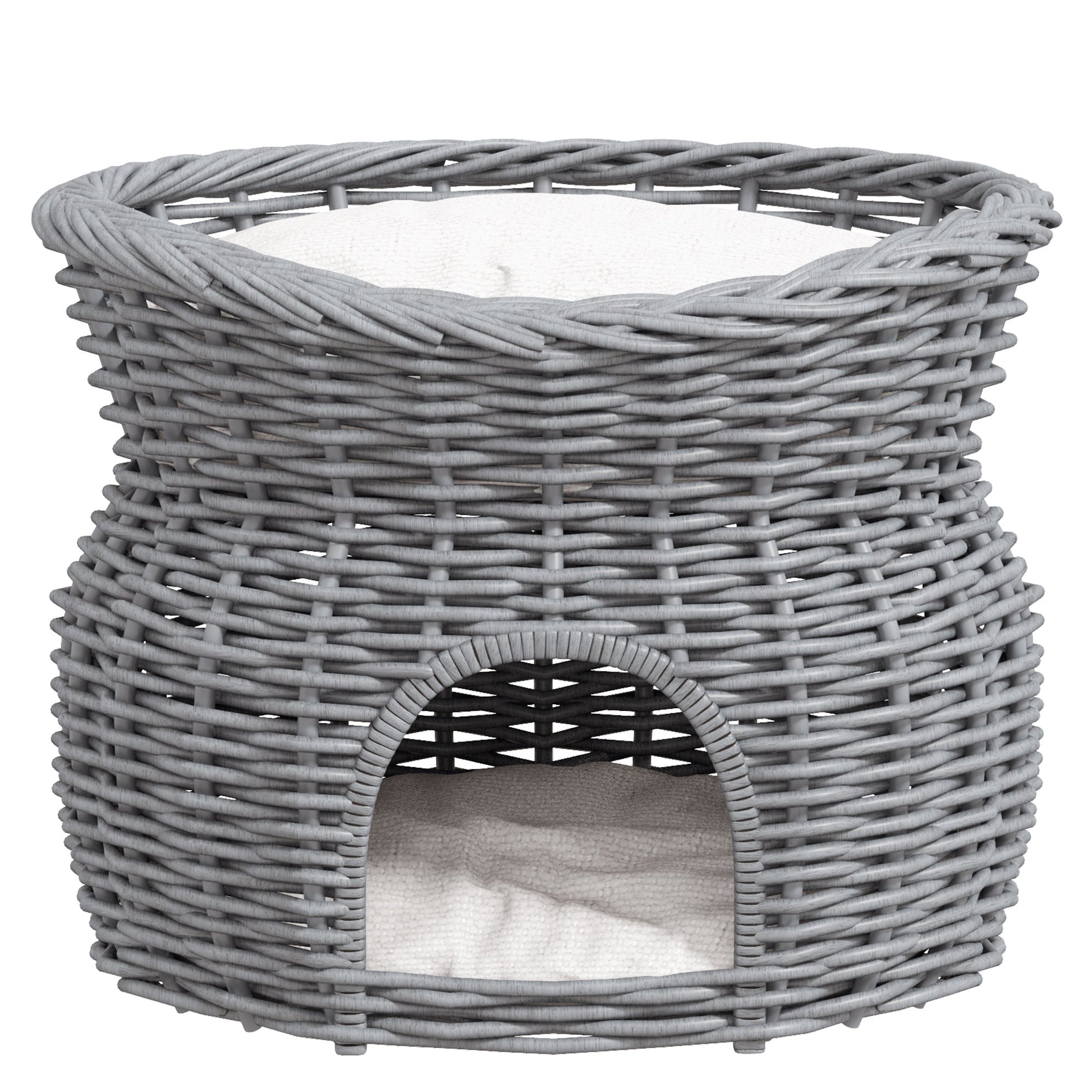 2-Tier Wicker Cat House Elevated Pet Bed Basket Willow Kitten Tower Pet Den. Cozy Cave with Washable Cushions 56x37x40cm Grey