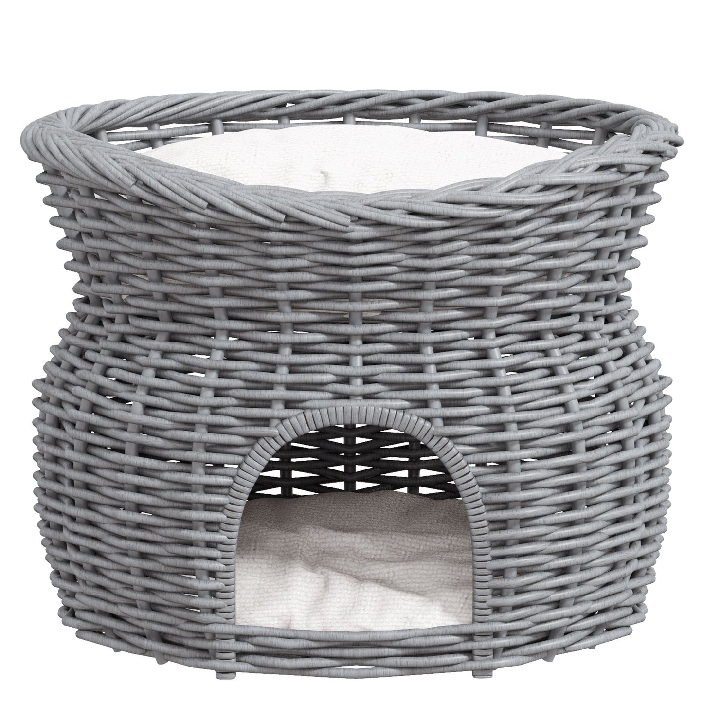 2-Tier Wicker Cat House Elevated Pet Bed Basket Willow Kitten Tower Pet Den. Cozy Cave with Washable Cushions 56x37x40cm Grey