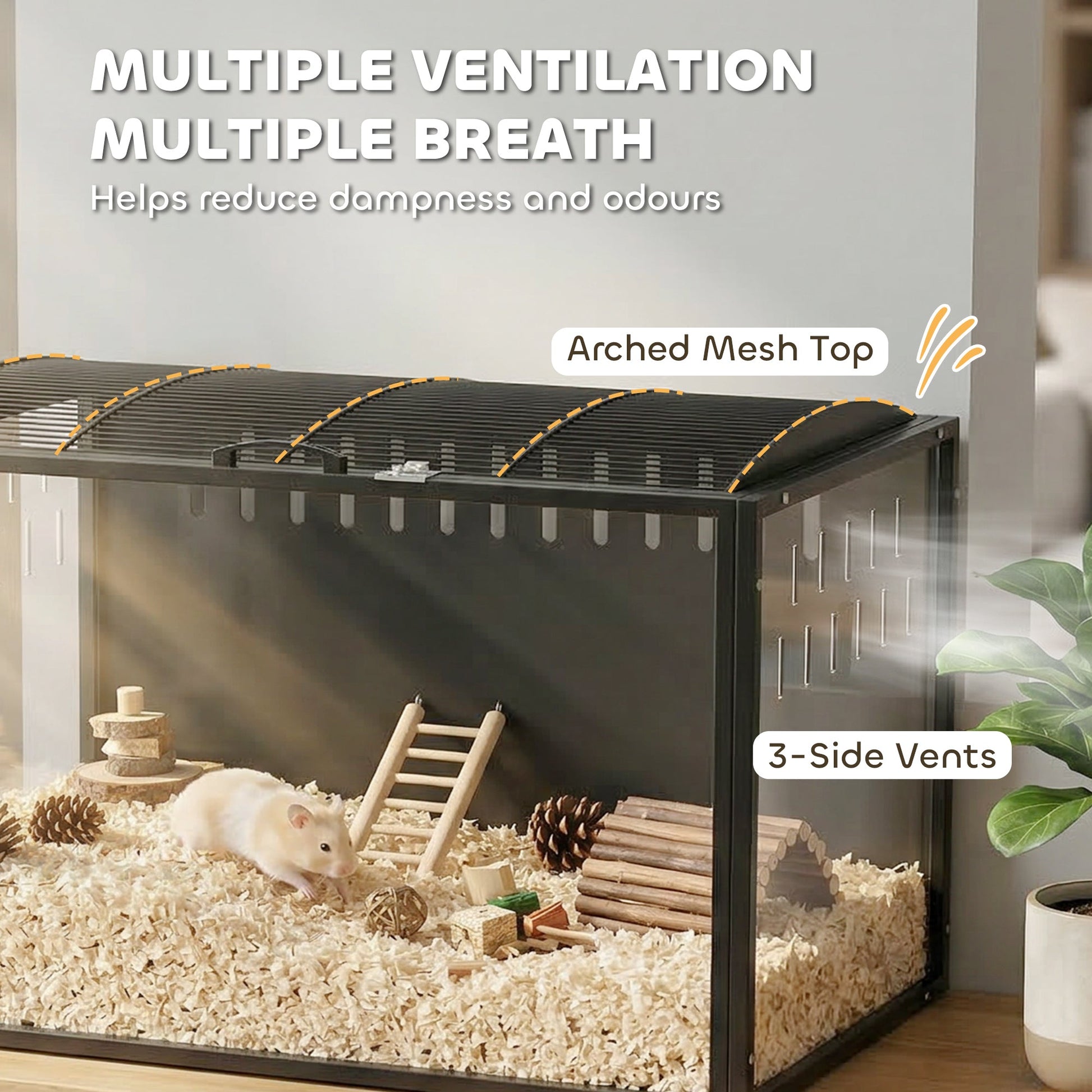 Hamster Cage Steel Frame Chewproof, Large Rat Cage with Openable Top, Deep Burrow, Transparent Small Animal Habitat for Dwarf Syrian Hamster, Gerbil, Rats, 105L x 51W x 53H cm
