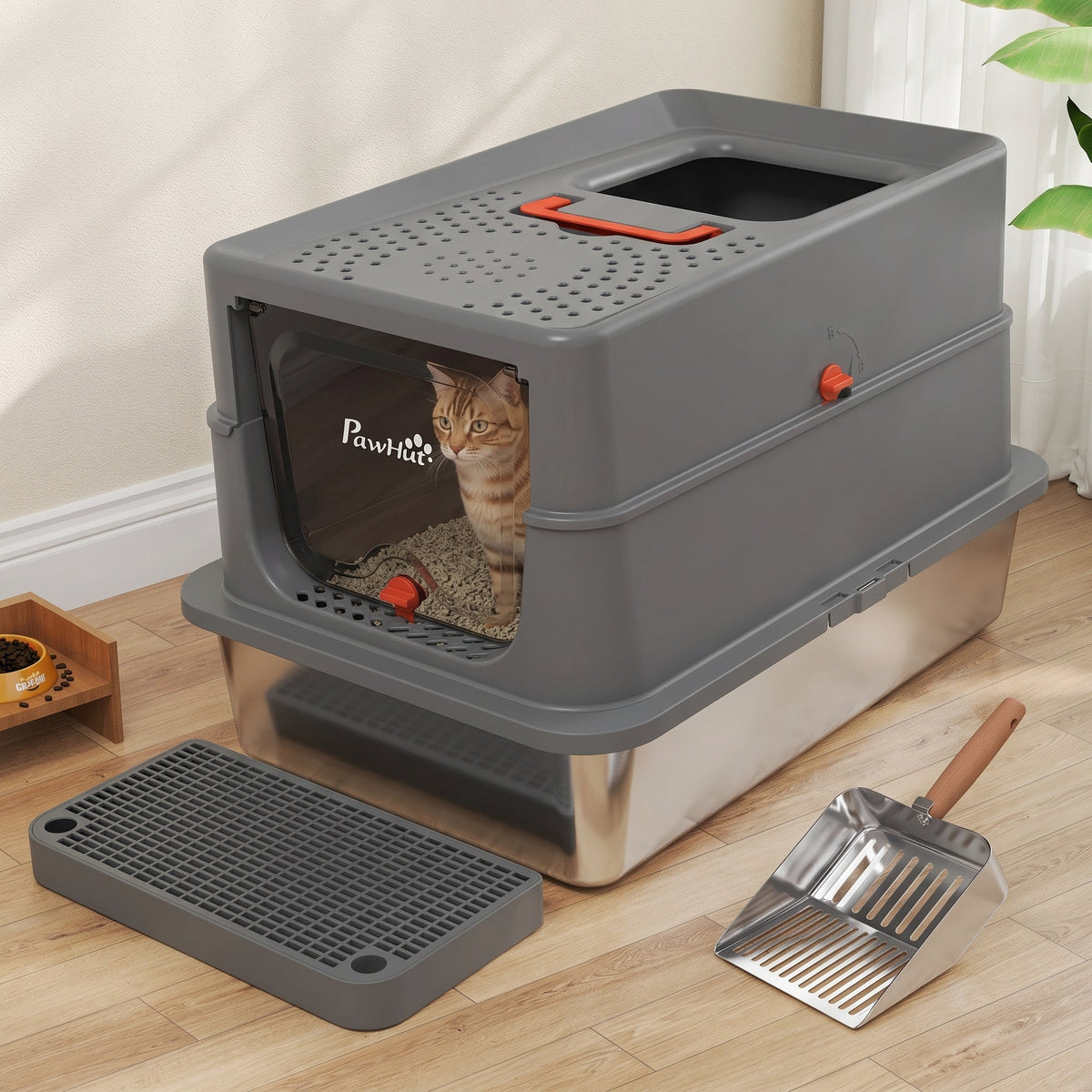 Stainless Steel Cat Litter Tray with Lid, XL 90L Enclosed Cat Litter Box with Step, Scoop, High Side, Front and Top Dual Entry, Easy to Clean, 60 x 40 x 40 cm, Dark Grey