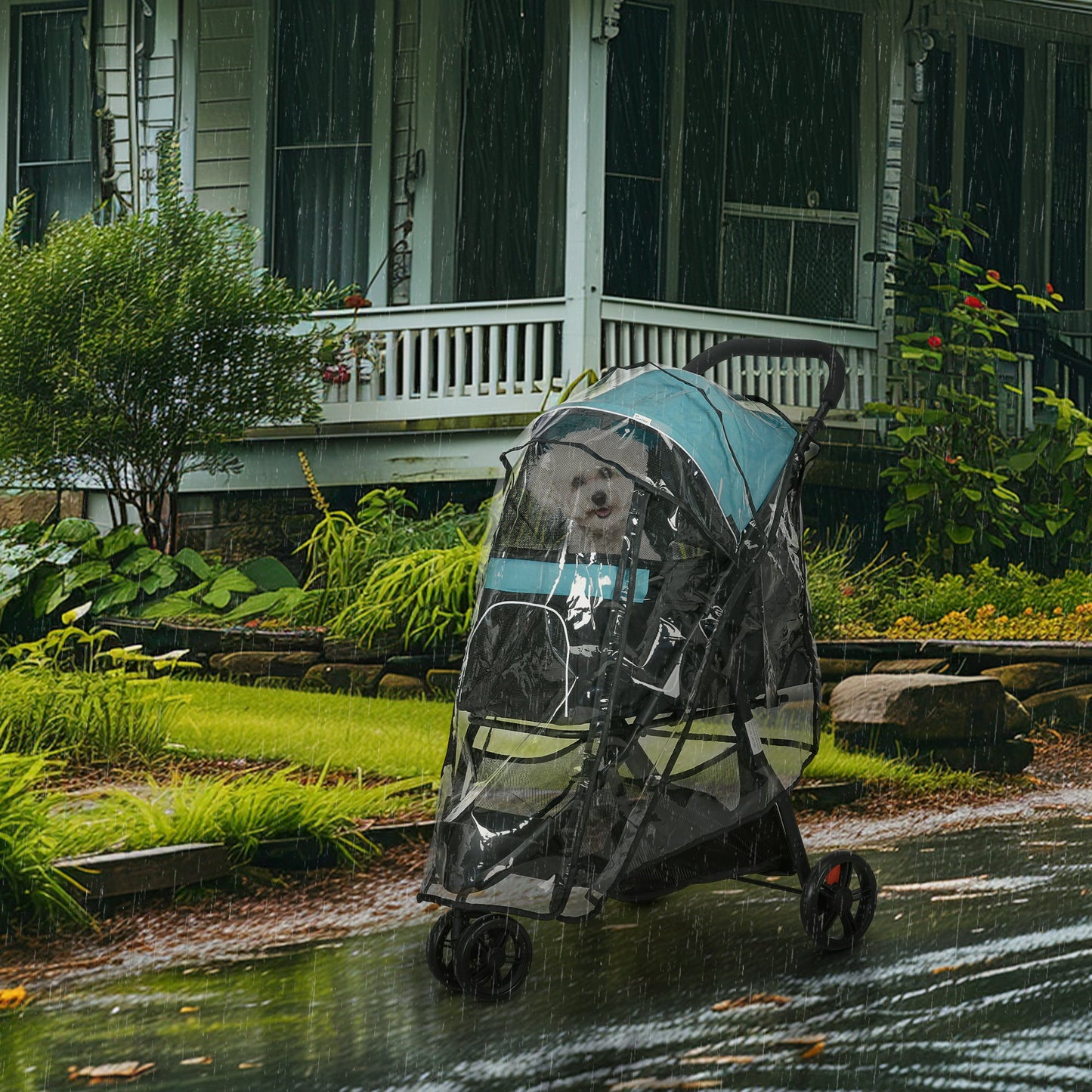 Dog Pram with Rain Cover Pet Stroller, Foldable Dog Pushchair for Small and Miniature Dogs, Cats - Dark Green