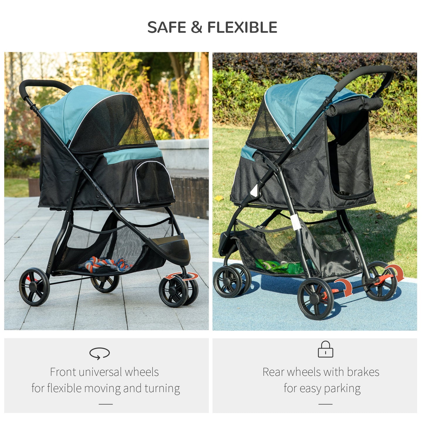 Dog Pram with Rain Cover Pet Stroller, Foldable Dog Pushchair for Small and Miniature Dogs, Cats - Dark Green