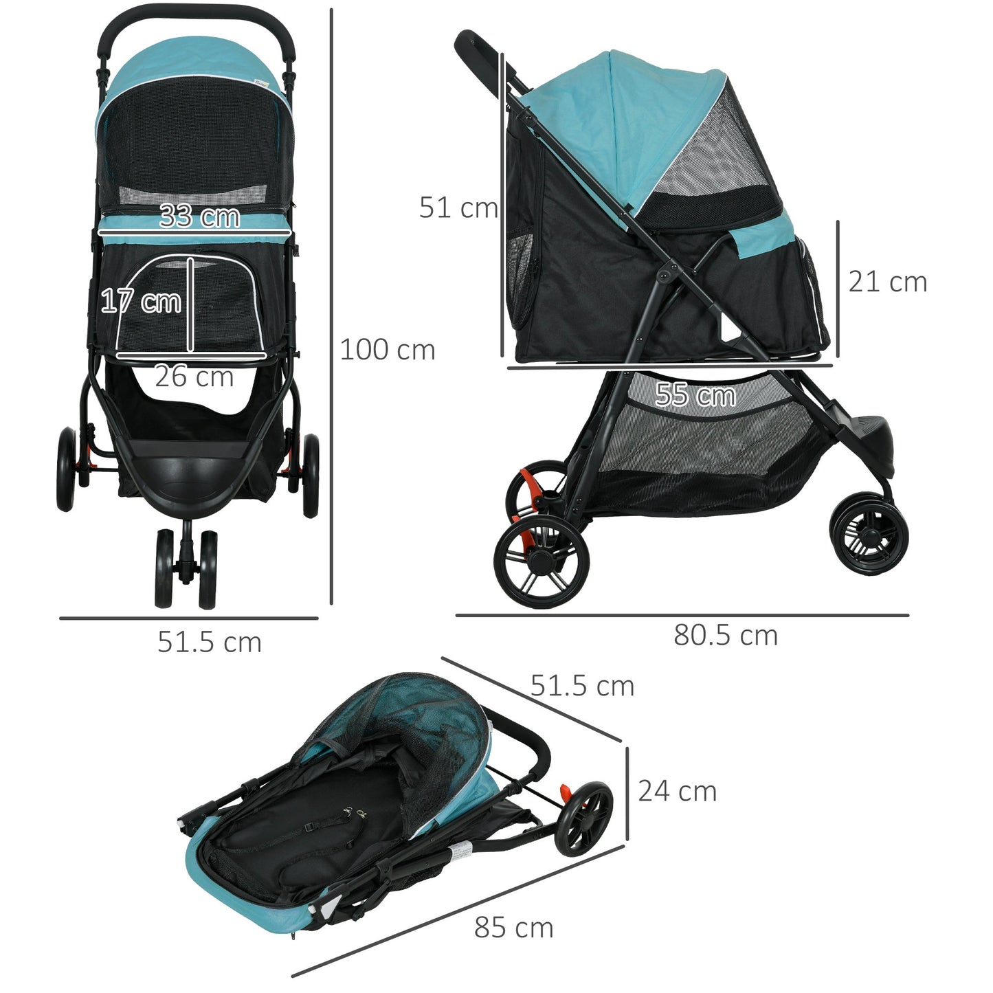 Dog Pram with Rain Cover Pet Stroller, Foldable Dog Pushchair for Small and Miniature Dogs, Cats - Dark Green