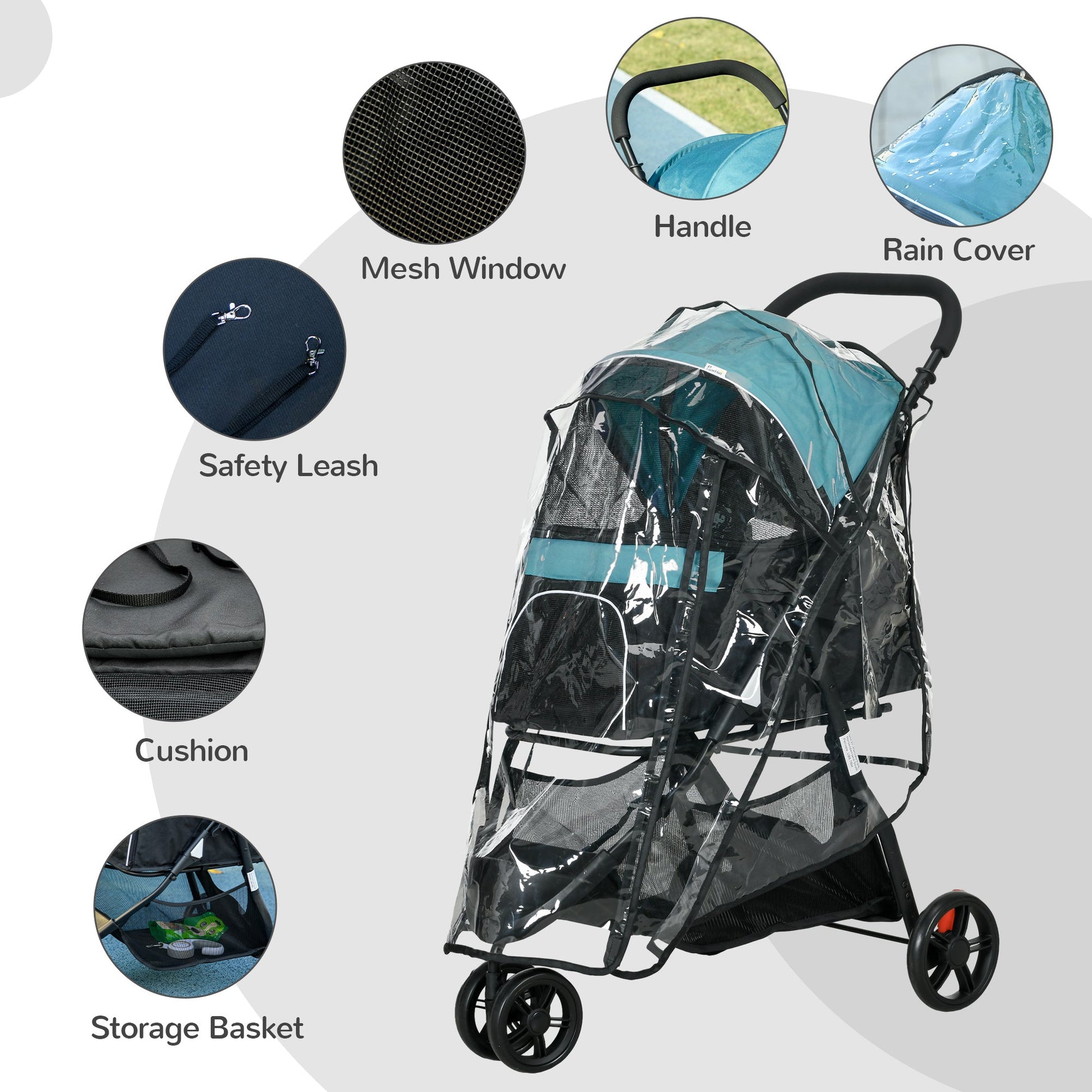 Dog Pram with Rain Cover Pet Stroller, Foldable Dog Pushchair for Small and Miniature Dogs, Cats - Dark Green