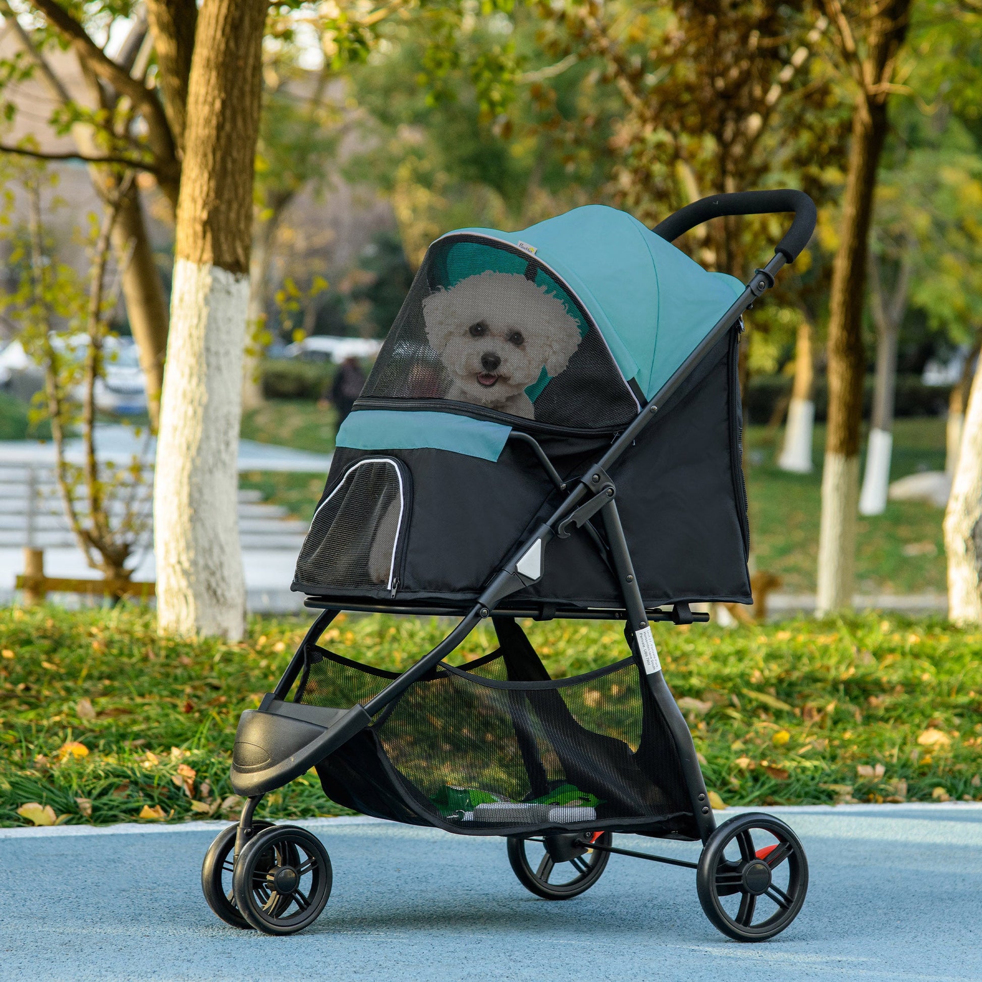 Dog Pram with Rain Cover Pet Stroller, Foldable Dog Pushchair for Small and Miniature Dogs, Cats - Dark Green