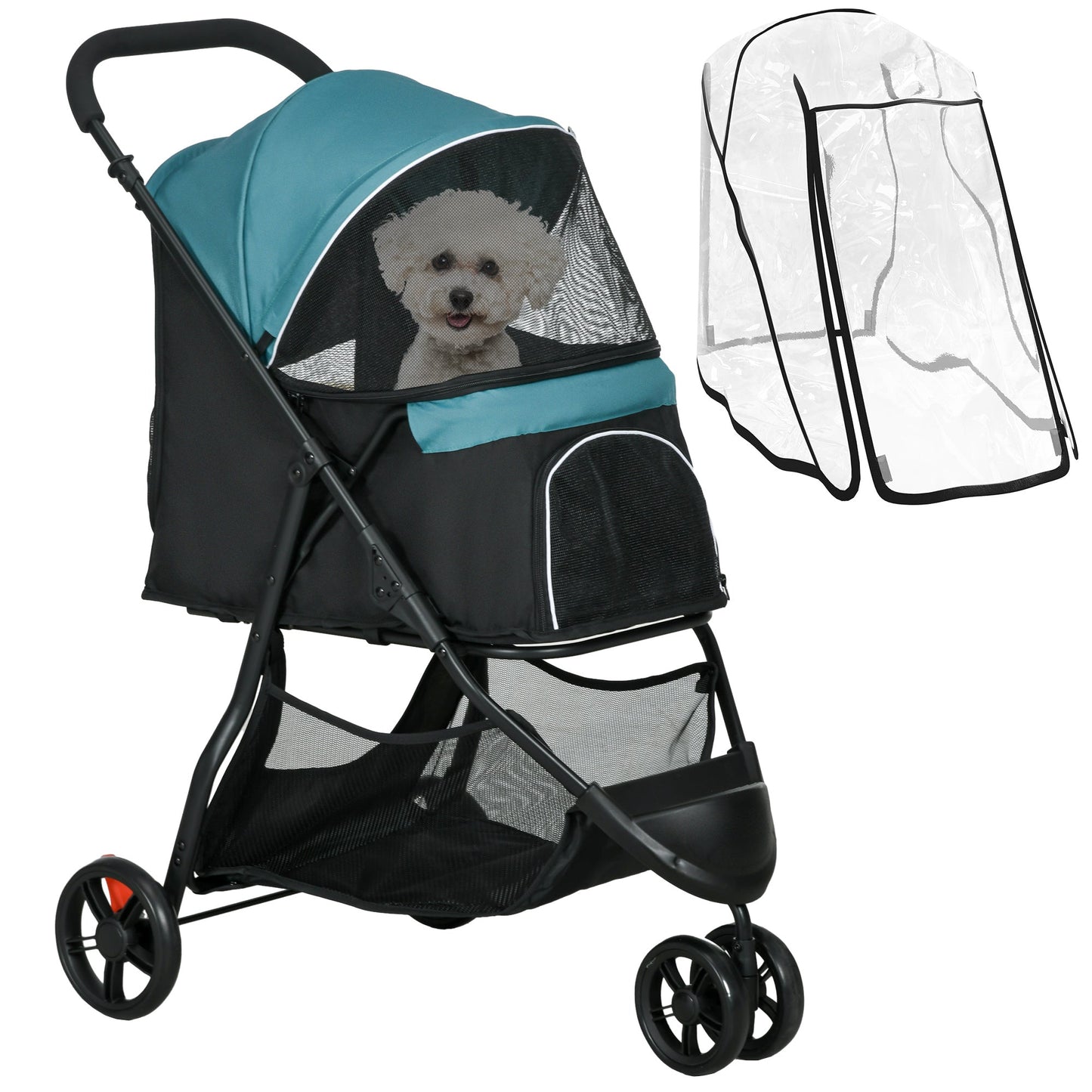 Dog Pram with Rain Cover Pet Stroller, Foldable Dog Pushchair for Small and Miniature Dogs, Cats - Dark Green