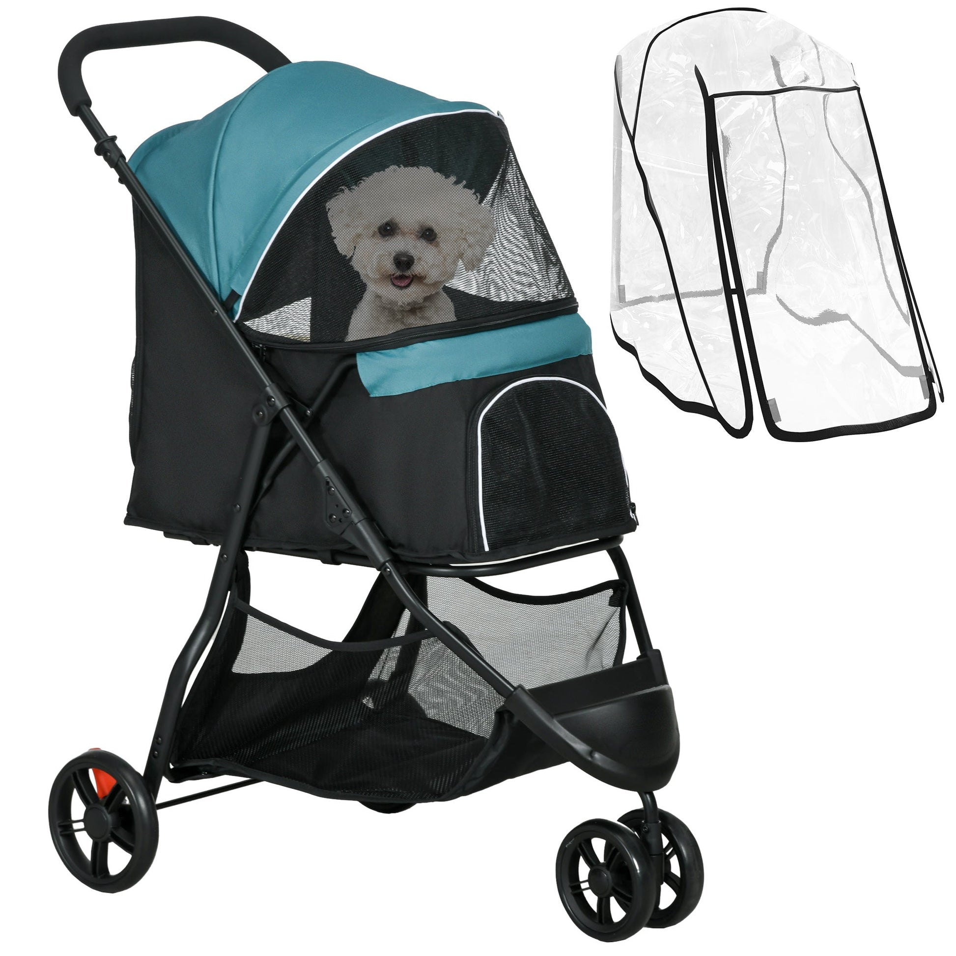 Dog Pram with Rain Cover Pet Stroller, Foldable Dog Pushchair for Small and Miniature Dogs, Cats - Dark Green