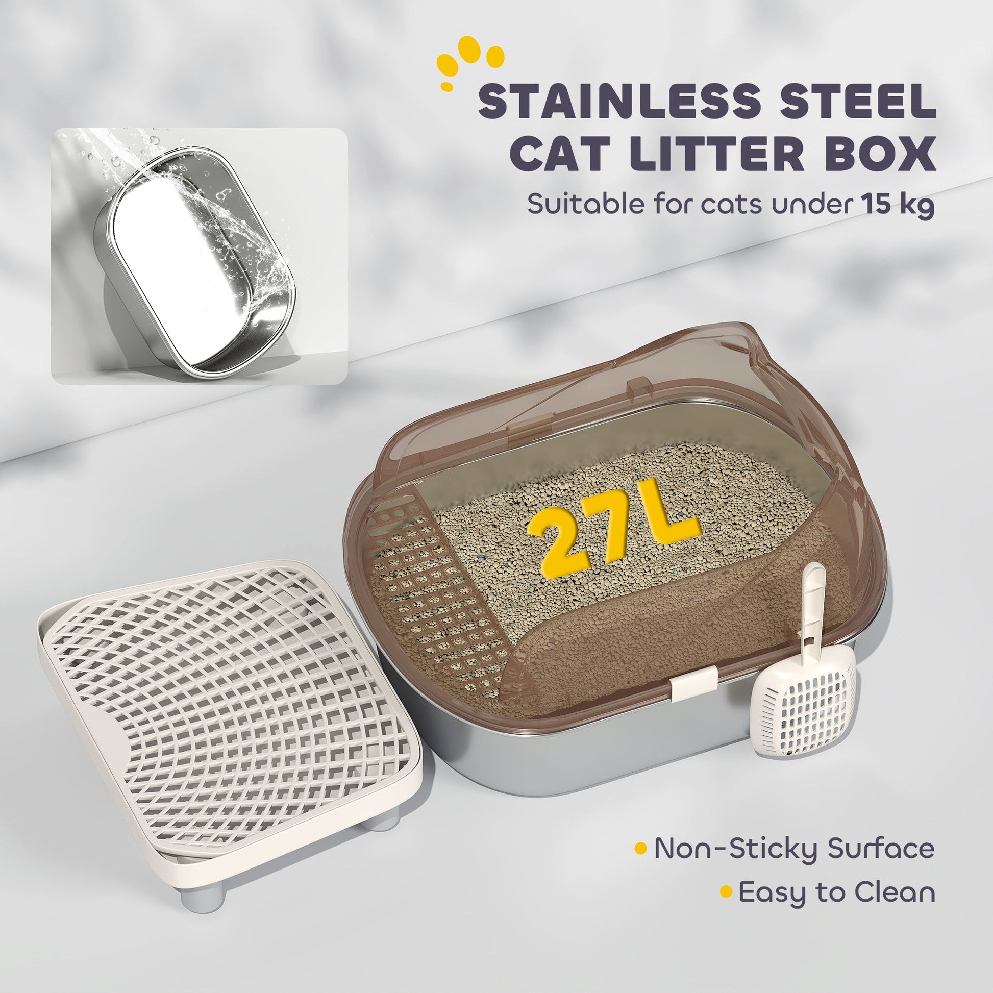 Stainless Steel Litter Box with Lid, Metal Cat Litter Tray for Big Cats with High Wall Sided Enclosure, Pedal, Scoop, Non-Sticky, Anti-Leakage, Easy Cleaning