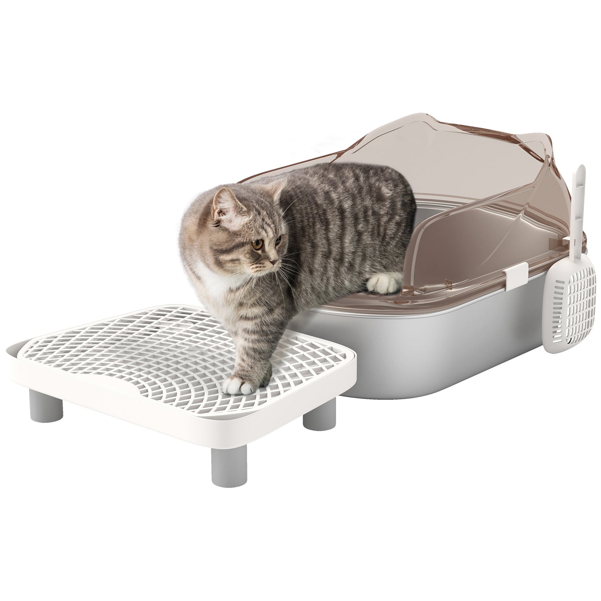 Stainless Steel Litter Box with Lid, Metal Cat Litter Tray for Big Cats with High Wall Sided Enclosure, Pedal, Scoop, Non-Sticky, Anti-Leakage, Easy Cleaning