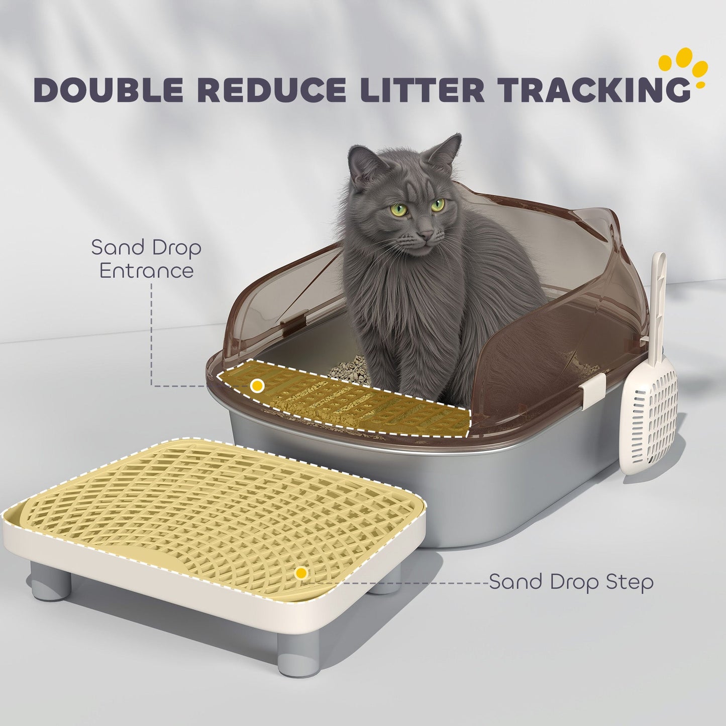 Stainless Steel Litter Box with Lid, Metal Cat Litter Tray for Big Cats with High Wall Sided Enclosure, Pedal, Scoop, Non-Sticky, Anti-Leakage, Easy Cleaning