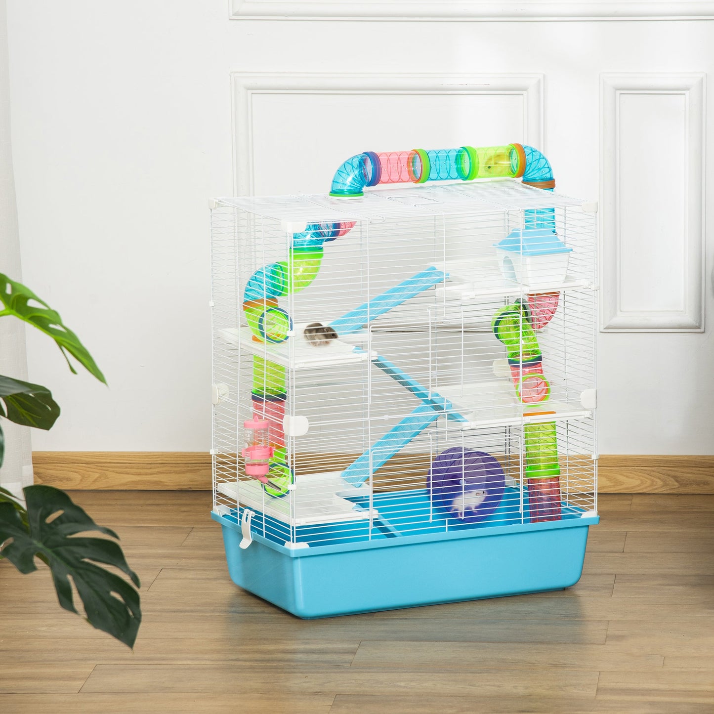 5 Tier Hamster Cage, Gerbil Cage with Tube, Water Bottle, Exercise Wheel, Food Dish, 59L x 36W x 69H cm - Light Blue