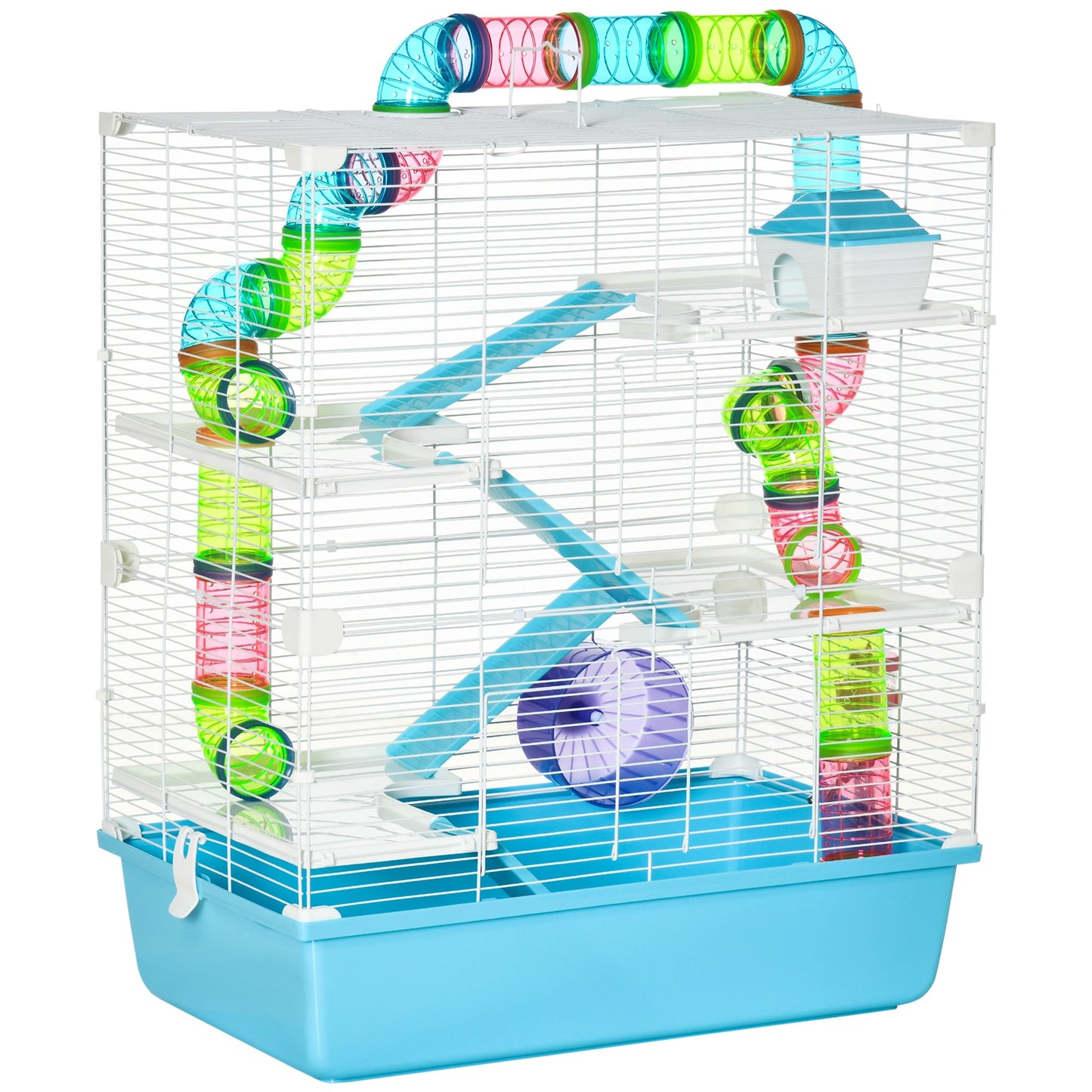 5 Tier Hamster Cage, Gerbil Cage with Tube, Water Bottle, Exercise Wheel, Food Dish, 59L x 36W x 69H cm - Light Blue