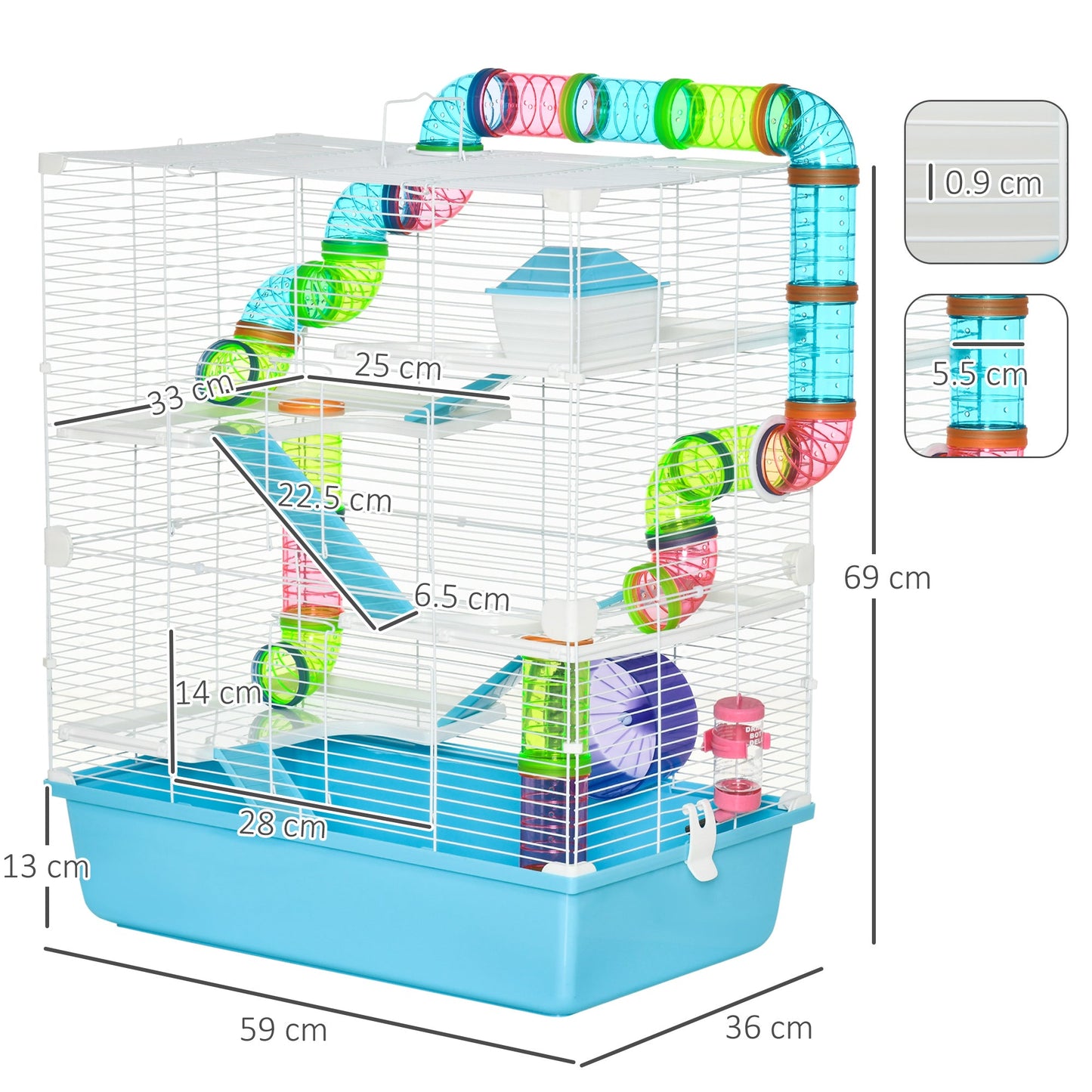 5 Tier Hamster Cage, Gerbil Cage with Tube, Water Bottle, Exercise Wheel, Food Dish, 59L x 36W x 69H cm - Light Blue
