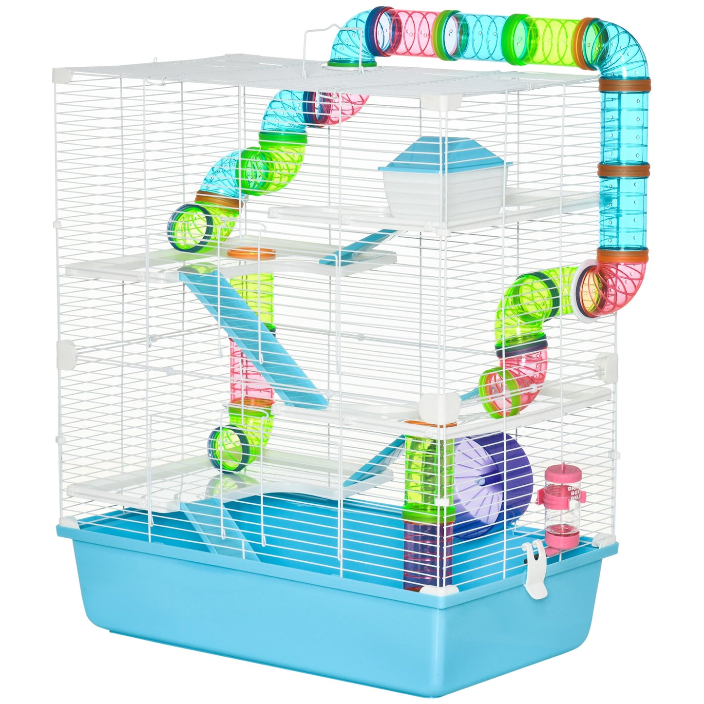 5 Tier Hamster Cage, Gerbil Cage with Tube, Water Bottle, Exercise Wheel, Food Dish, 59L x 36W x 69H cm - Light Blue