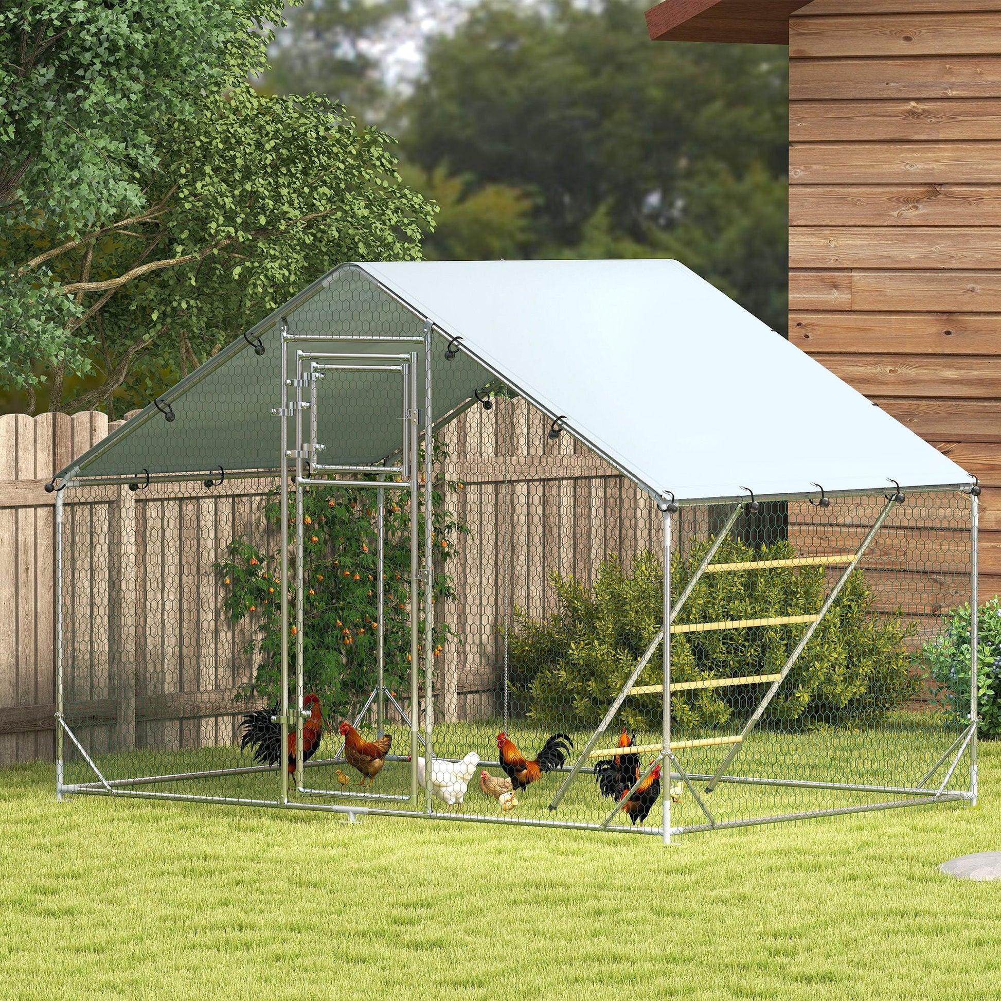 Walk-in Chicken Run, Galvanised Chicken Coop with Water-Resistant and UV-Resistant Cover, Feeding Door, Hanging Feeder, Perch, Hen Poultry House, for 6-8 Chickens, Ducks, Rabbits, Geese