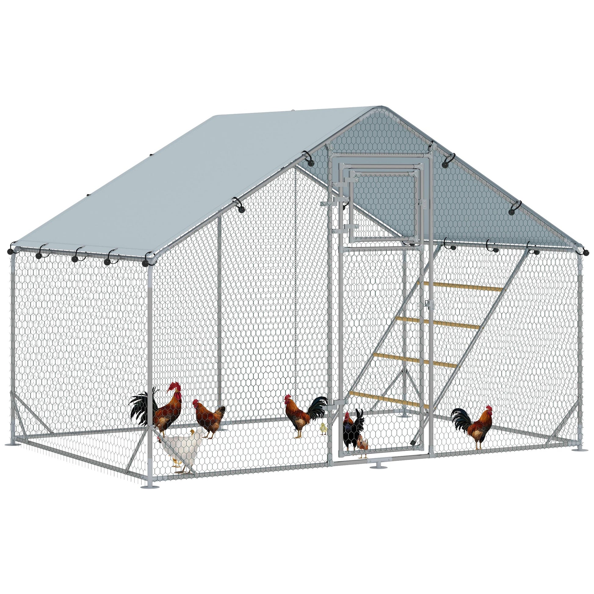 Walk-in Chicken Run, Galvanised Chicken Coop with Water-Resistant and UV-Resistant Cover, Feeding Door, Hanging Feeder, Perch, Hen Poultry House, for 6-8 Chickens, Ducks, Rabbits, Geese