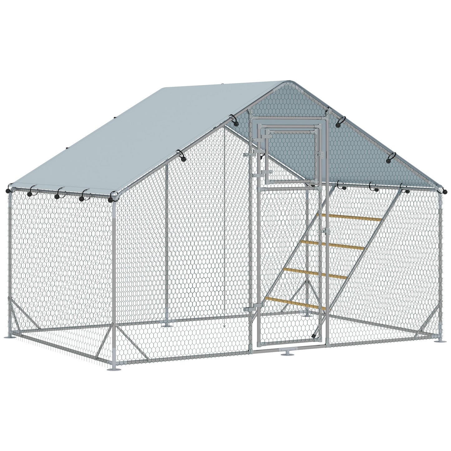 Walk-in Chicken Run, Galvanised Chicken Coop with Water-Resistant and UV-Resistant Cover, Feeding Door, Hanging Feeder, Perch, Hen Poultry House, for 6-8 Chickens, Ducks, Rabbits, Geese