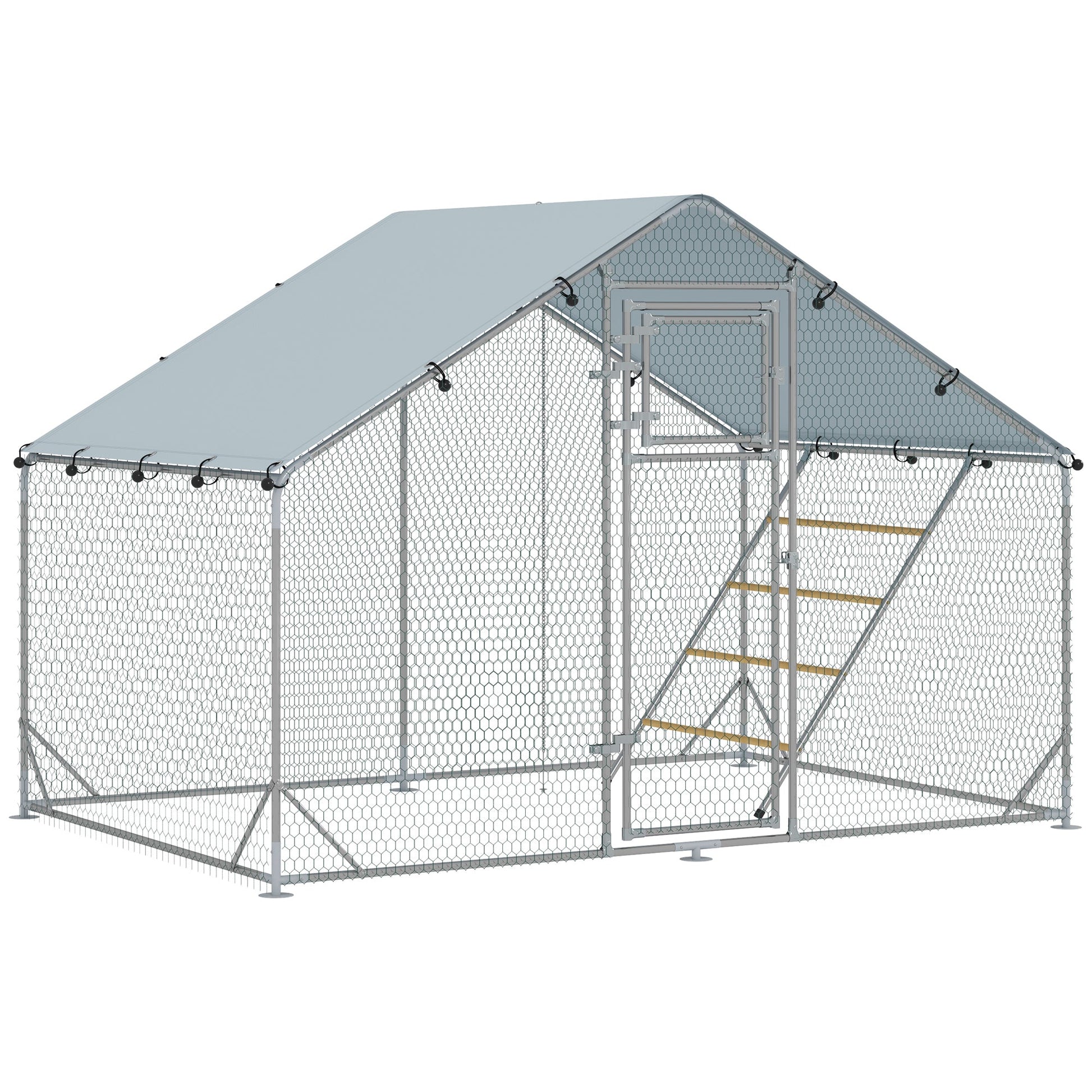 Walk-in Chicken Run, Galvanised Chicken Coop with Water-Resistant and UV-Resistant Cover, Feeding Door, Hanging Feeder, Perch, Hen Poultry House, for 6-8 Chickens, Ducks, Rabbits, Geese