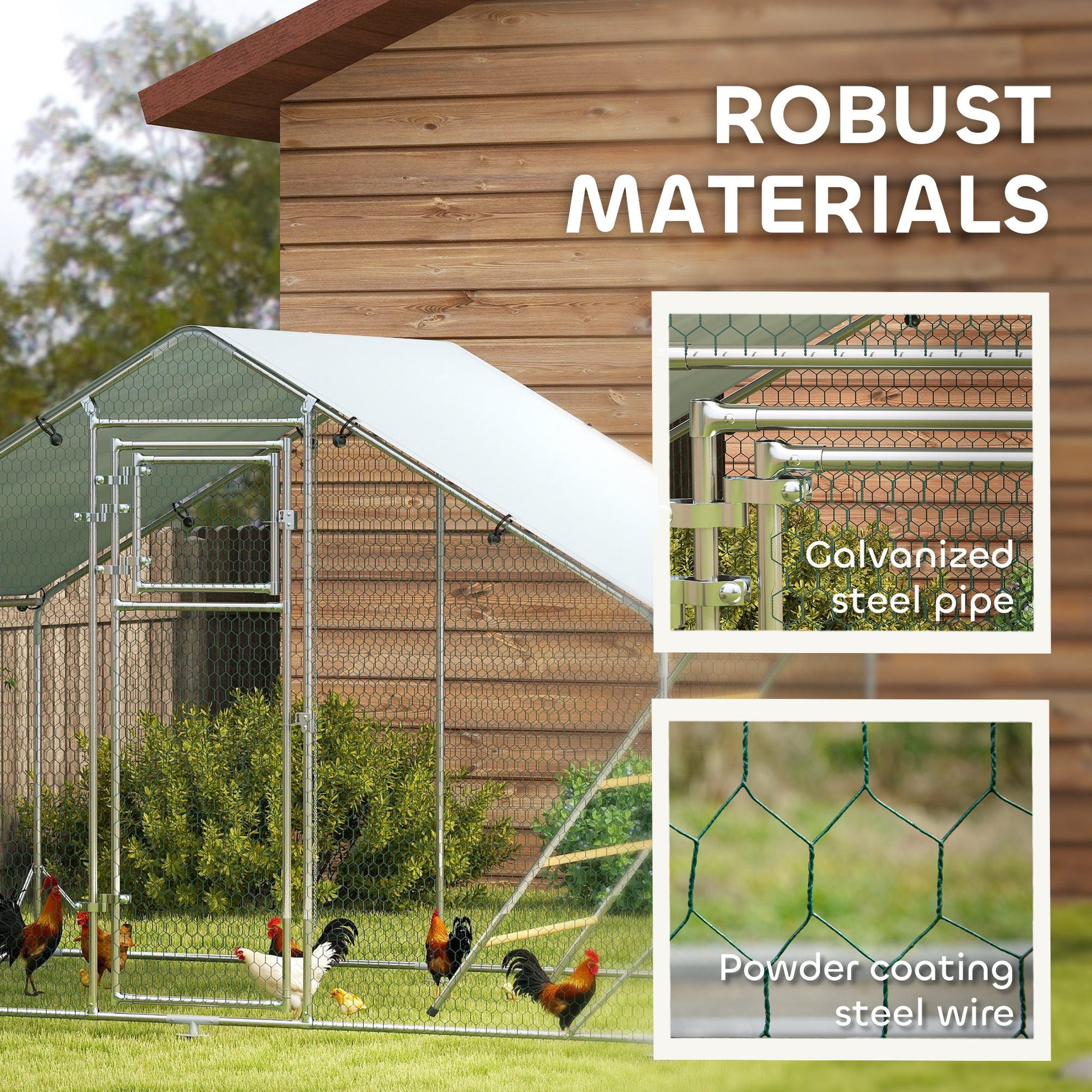 Walk-in Chicken Run, Galvanised Chicken Coop with Water-Resistant and UV-Resistant Cover, Feeding Door, Hanging Feeder, Perch, Hen Poultry House, for 6-8 Chickens, Ducks, Rabbits, Geese