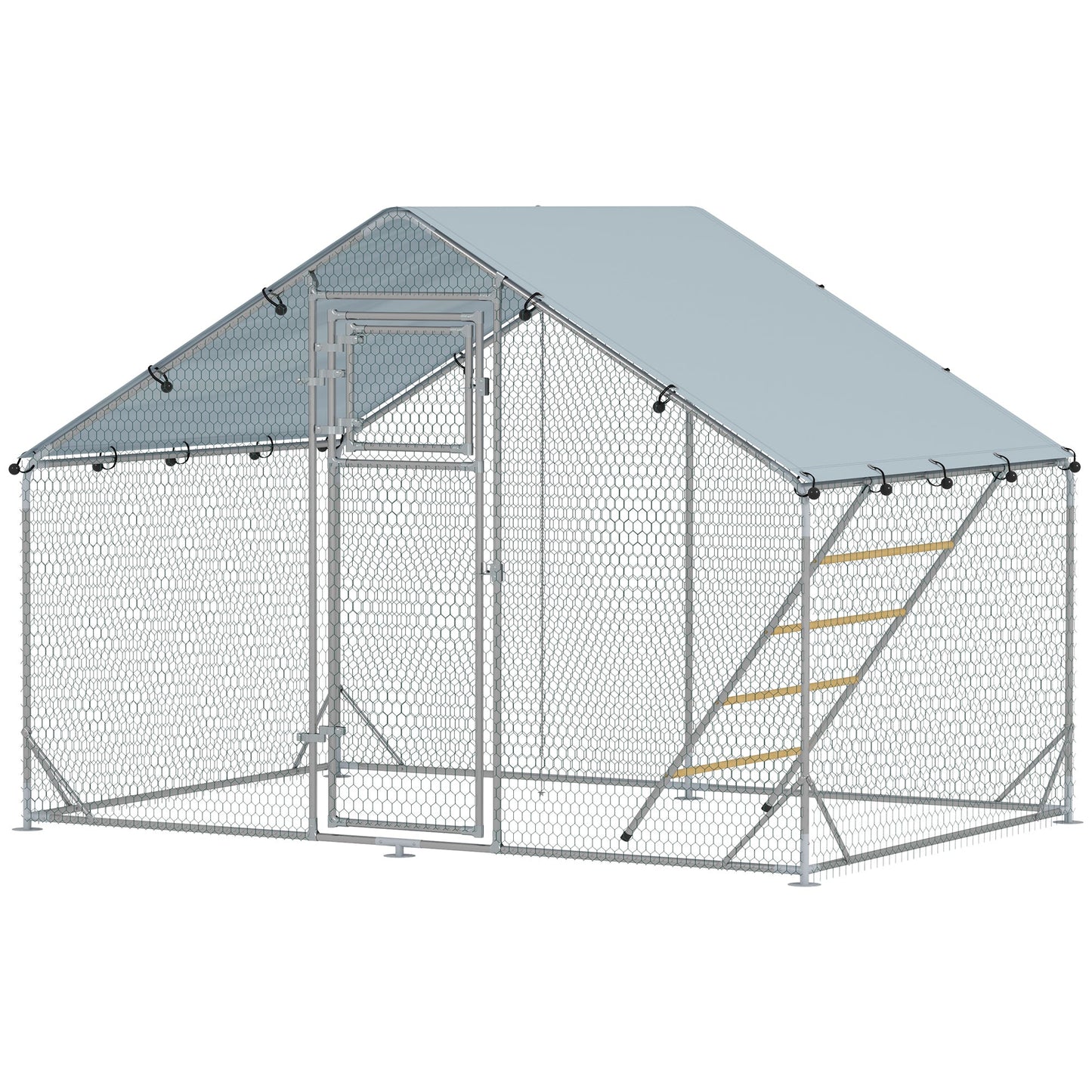 Walk-in Chicken Run, Galvanised Chicken Coop with Water-Resistant and UV-Resistant Cover, Feeding Door, Hanging Feeder, Perch, Hen Poultry House, for 6-8 Chickens, Ducks, Rabbits, Geese