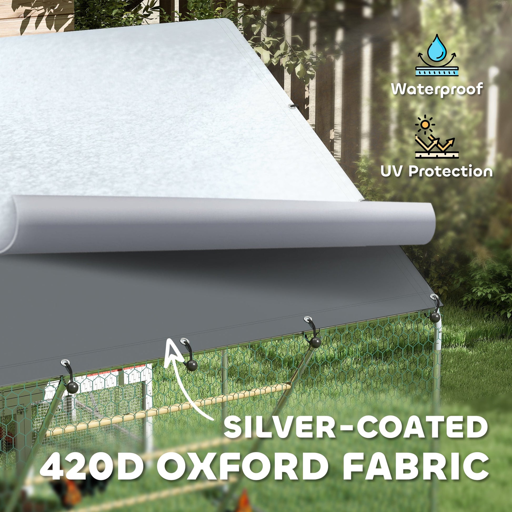 Walk-in Chicken Run, Galvanised Chicken Coop with Water-Resistant and UV-Resistant Cover, Feeding Door, Hanging Feeder, Perch, Hen Poultry House, for 6-8 Chickens, Ducks, Rabbits, Geese