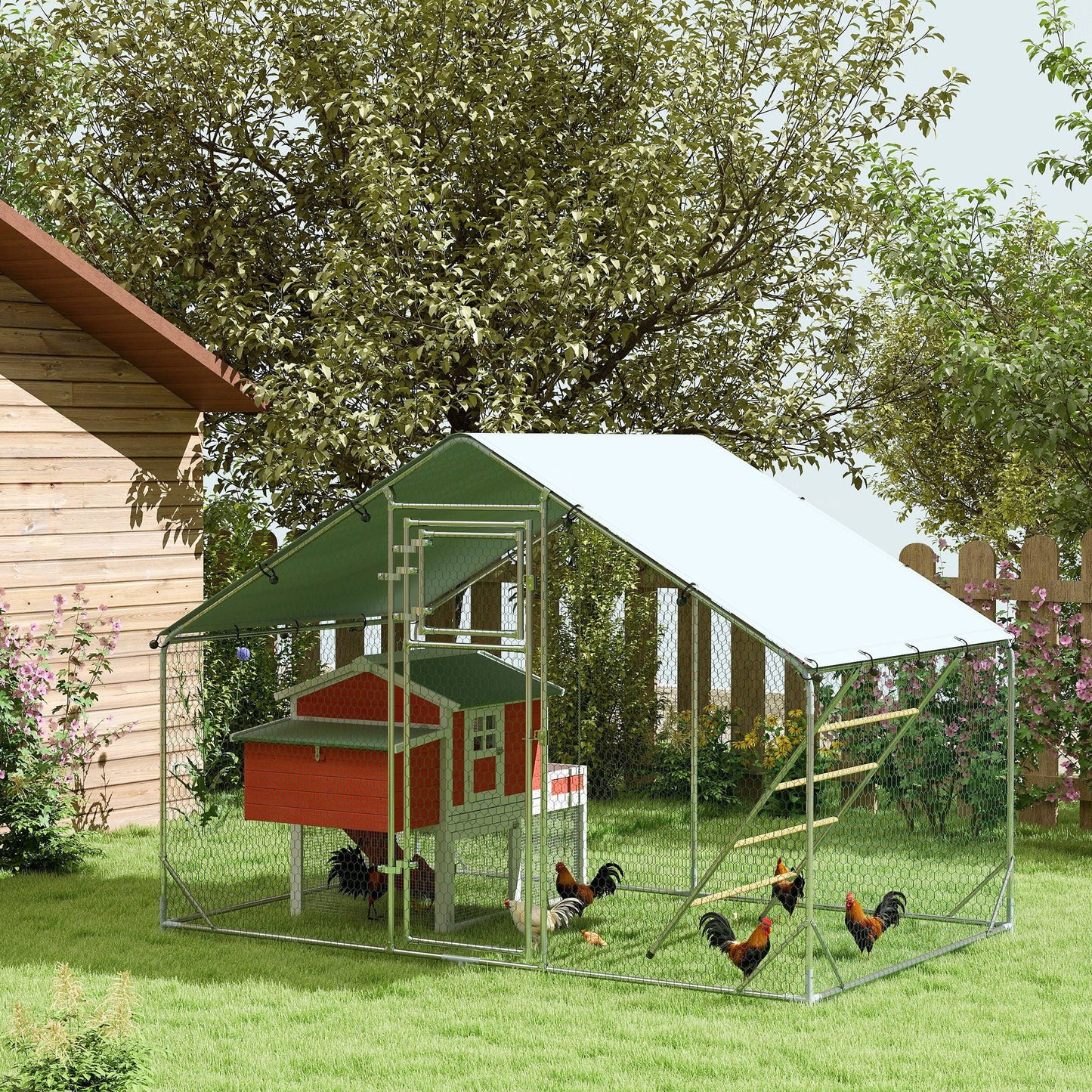Walk-in Chicken Run, Galvanised Chicken Coop with Water-Resistant and UV-Resistant Cover, Feeding Door, Hanging Feeder, Perch, Hen Poultry House, for 6-8 Chickens, Ducks, Rabbits, Geese
