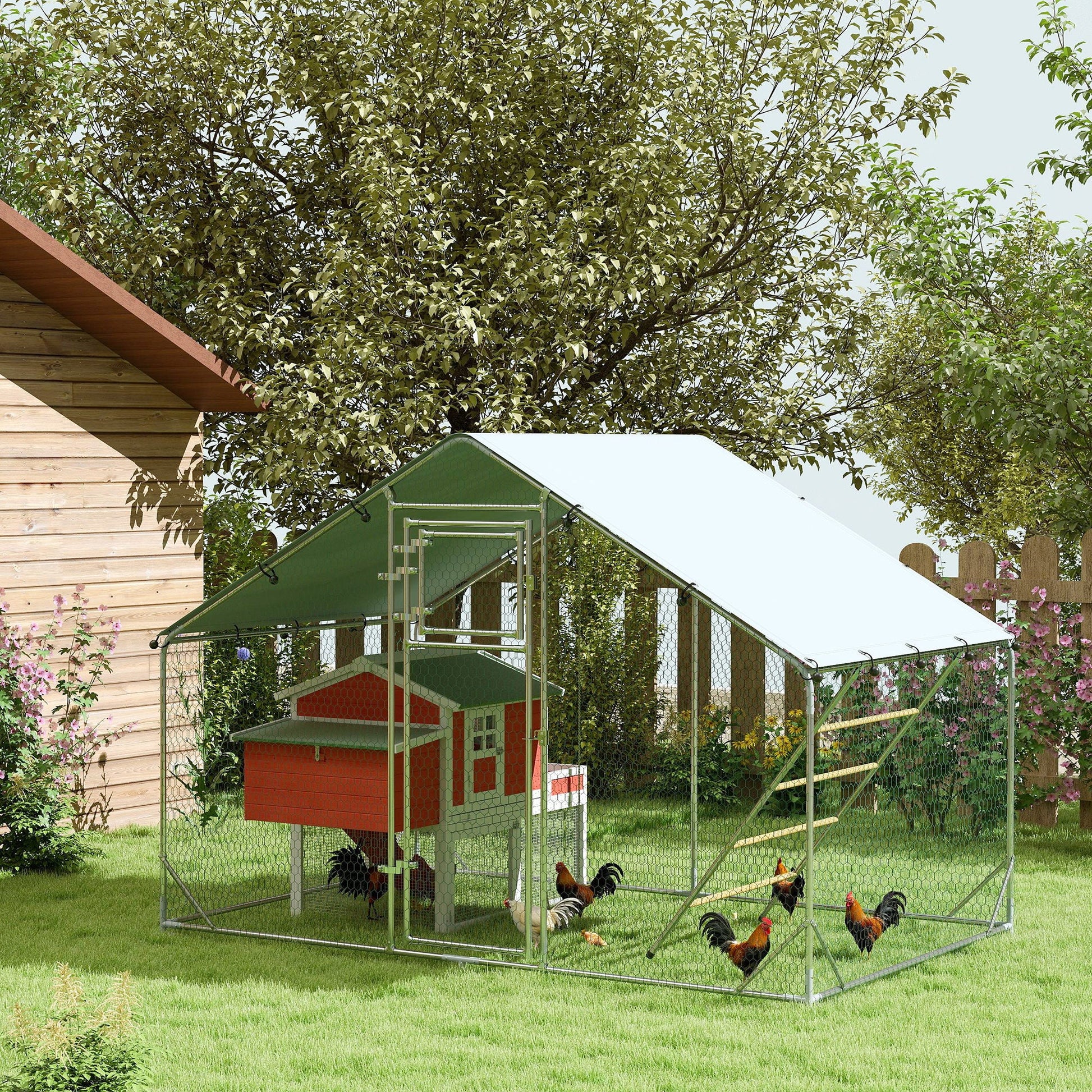 Walk-in Chicken Run, Galvanised Chicken Coop with Water-Resistant and UV-Resistant Cover, Feeding Door, Hanging Feeder, Perch, Hen Poultry House, for 6-8 Chickens, Ducks, Rabbits, Geese