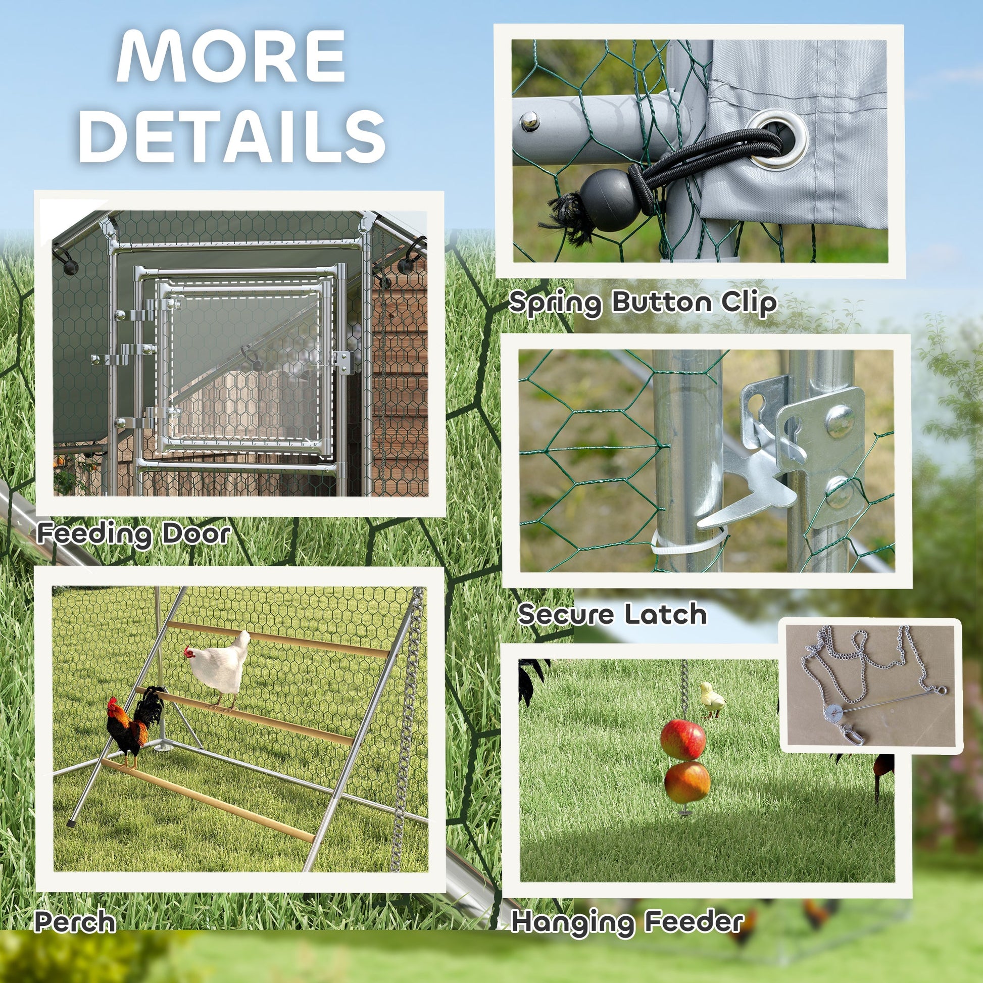 Walk-in Chicken Run, Galvanised Chicken Coop with Water-Resistant and UV-Resistant Cover, Feeding Door, Hanging Feeder, Perch, Hen Poultry House, for 6-8 Chickens, Ducks, Rabbits, Geese