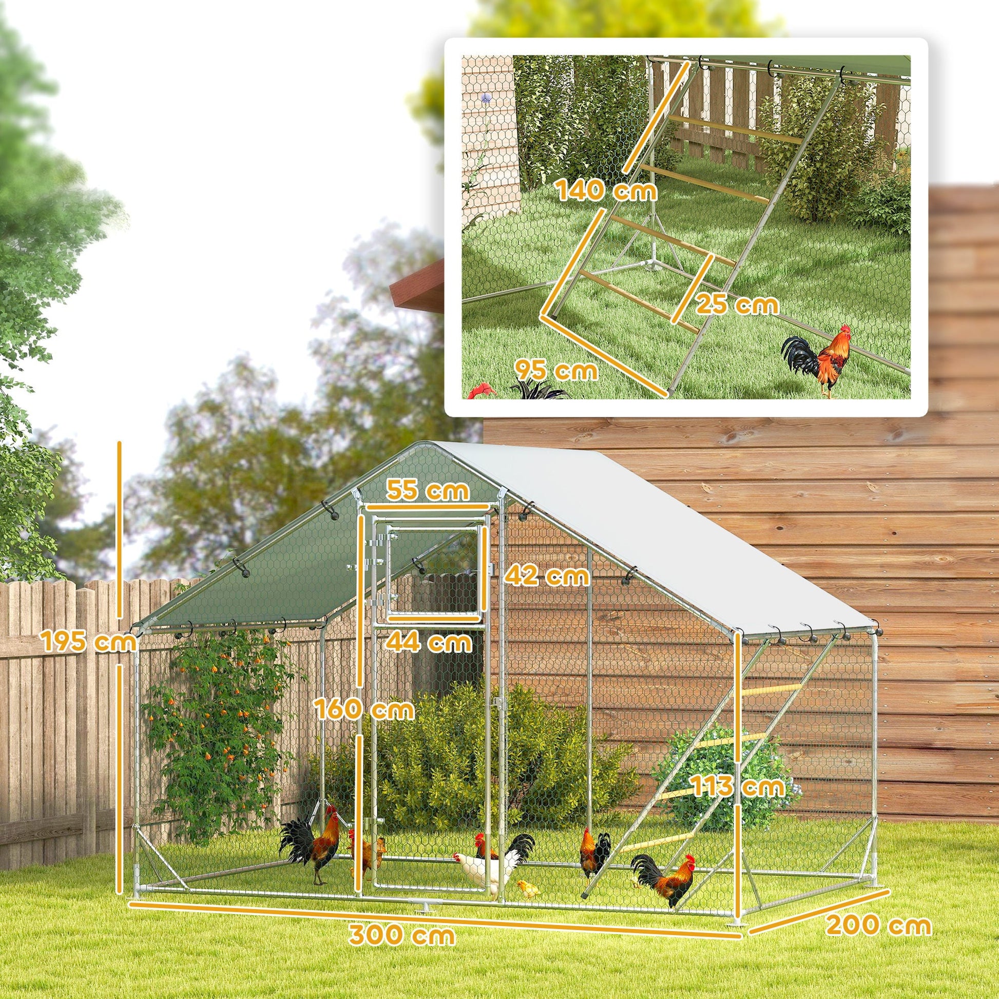Walk-in Chicken Run, Galvanised Chicken Coop with Water-Resistant and UV-Resistant Cover, Feeding Door, Hanging Feeder, Perch, Hen Poultry House, for 6-8 Chickens, Ducks, Rabbits, Geese