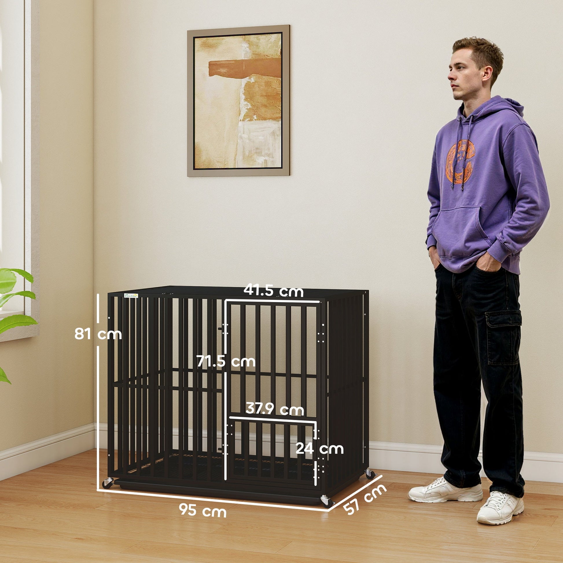 Heavy Duty Dog Crate, Dog Cage with Wheels for Medium Large Breeds, Metal Pet Crate with Removable Tray and 3 Doors for Indoor & Outdoor, 95 x 57 x 81 cm, Black