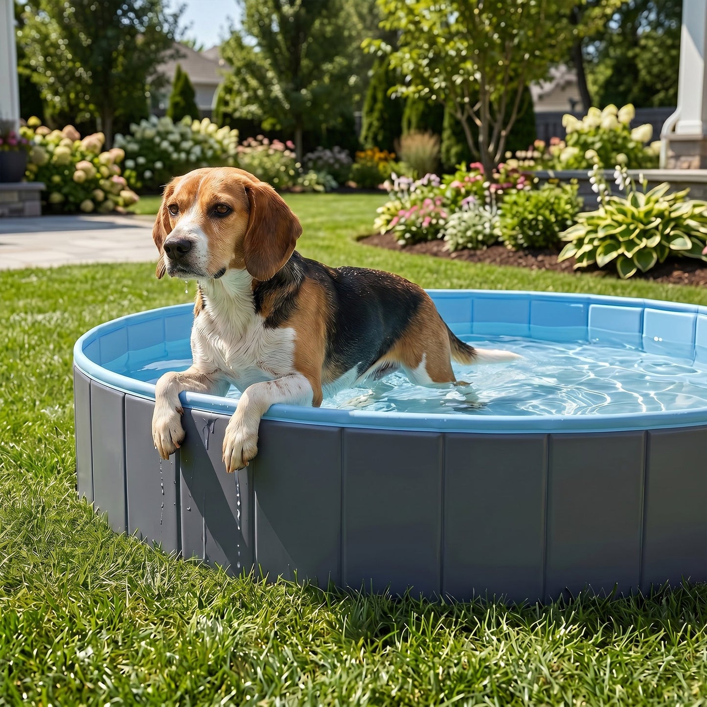 Foldable Dog Pool for Puppies and Ducks, Thickened PVC Dog Paddling Pool Bath Tub Hard Board, Anti-Slip Bottom and Hose Adapter for Easy Drainage, 120 x 30cm, Dark Grey and Blue