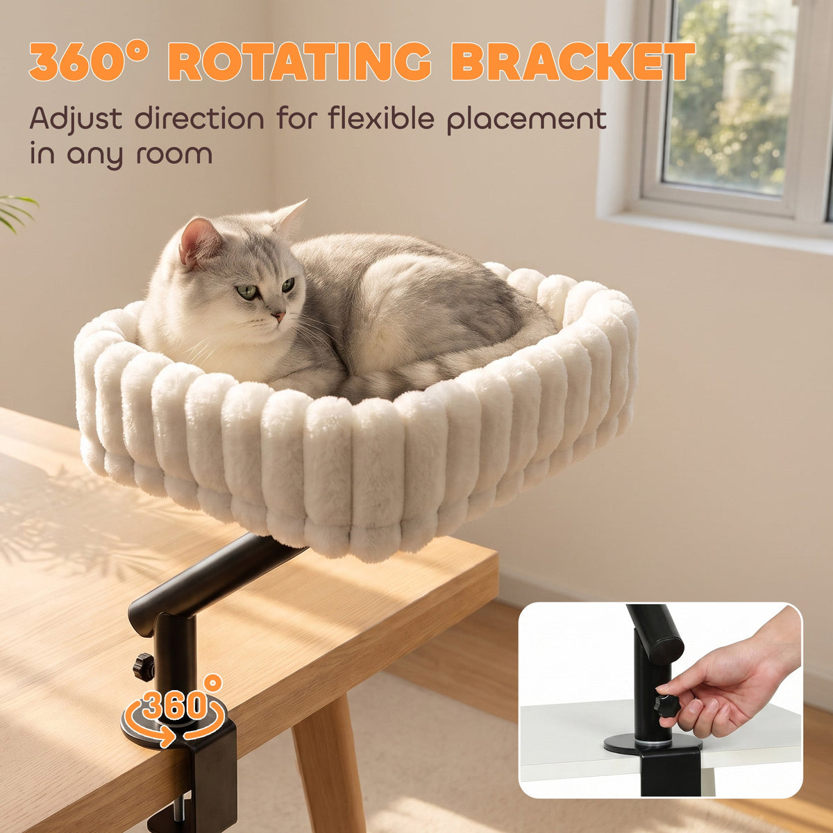 Cat Desk Bed, 360° Rotatable Raised Cat House for Desk and Window, Soft Kitten Hammock with Hanging Ball, Adjustable Clamp for Indoor Kittens, White