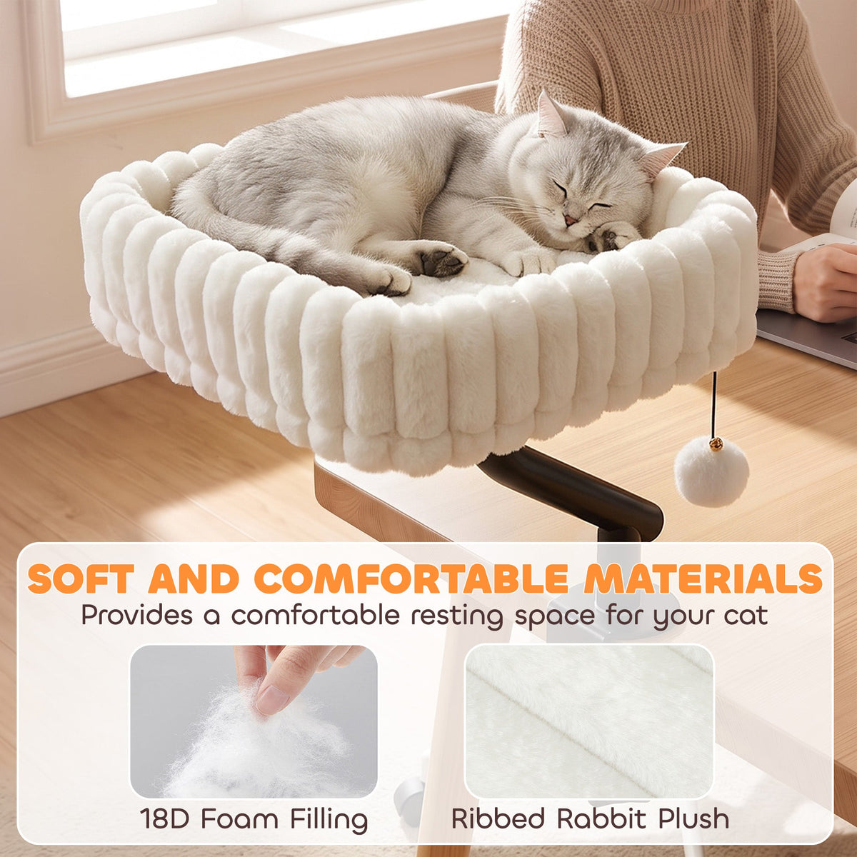 Cat Desk Bed, 360° Rotatable Raised Cat House for Desk and Window, Soft Kitten Hammock with Hanging Ball, Adjustable Clamp for Indoor Kittens, White