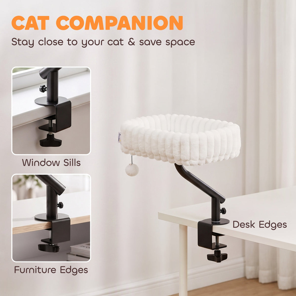 Cat Desk Bed, 360° Rotatable Raised Cat House for Desk and Window, Soft Kitten Hammock with Hanging Ball, Adjustable Clamp for Indoor Kittens, White