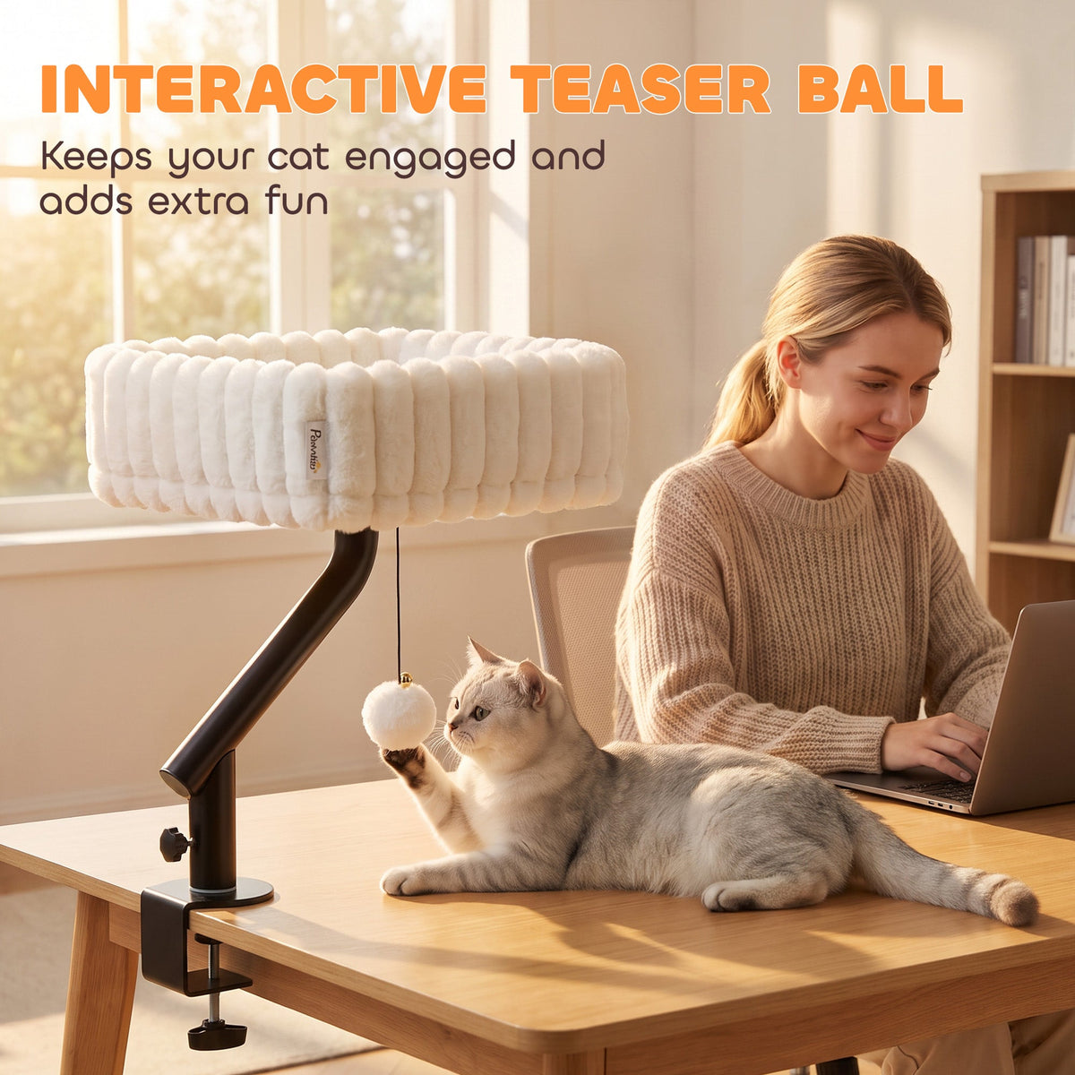 Cat Desk Bed, 360° Rotatable Raised Cat House for Desk and Window, Soft Kitten Hammock with Hanging Ball, Adjustable Clamp for Indoor Kittens, White