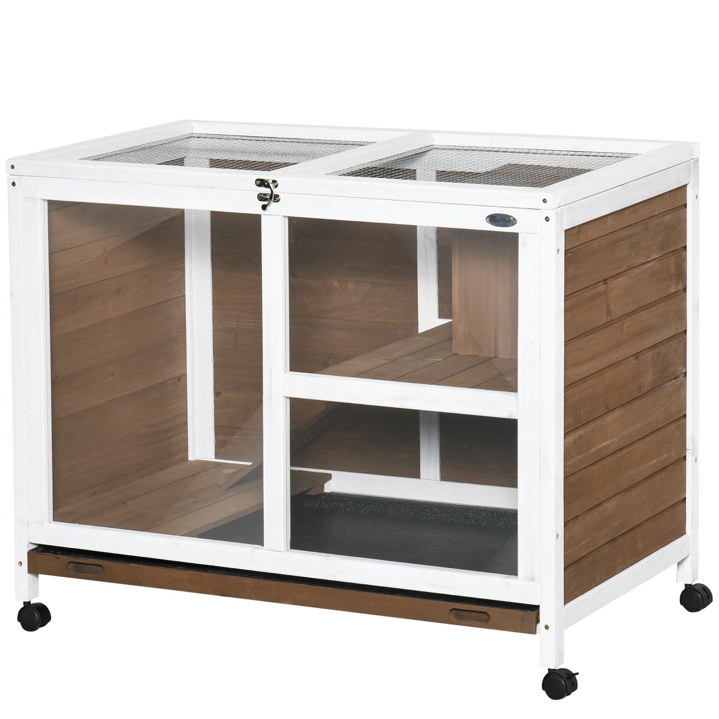 Rabbit Hutch Indoor Wooden Guinea Pig House Hamster Cage with Wheels, 2 Layers Bunny Cage with Openable Roof, 91.5 x 53.3 x 73 cm, Brown