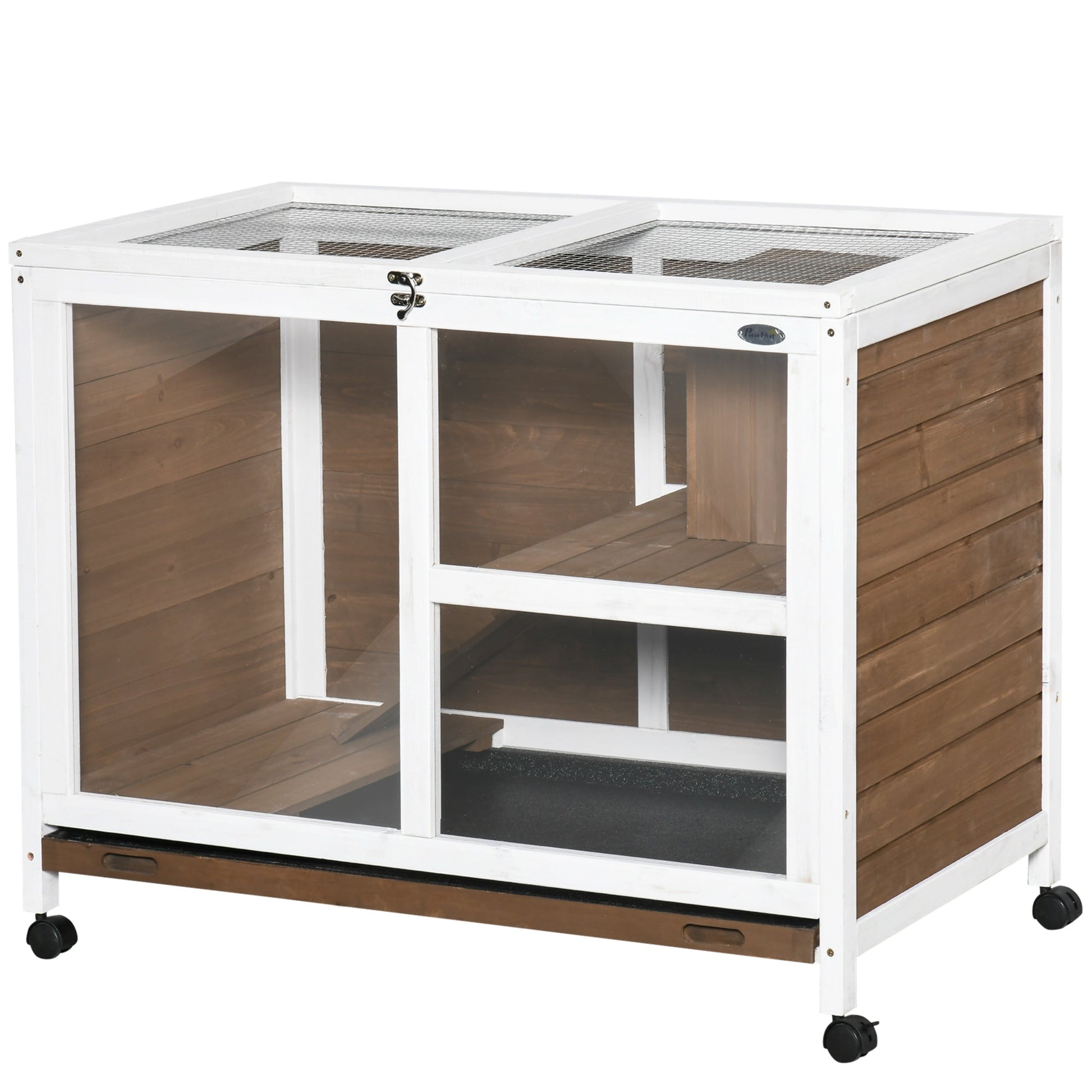 Rabbit Hutch Indoor Wooden Guinea Pig House Hamster Cage with Wheels, 2 Layers Bunny Cage with Openable Roof, 91.5 x 53.3 x 73 cm, Brown