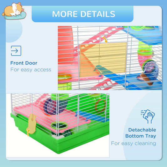 5 Tier Hamster Cage, Gerbil Cage with Tube Exercise Wheels, Tunnel, Water Bottle, Dishes, 58H x 46L x 30Wcm, Green