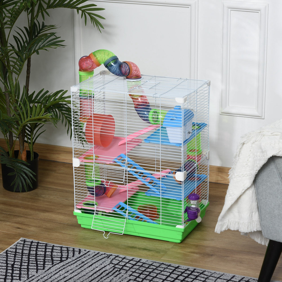 5 Tier Hamster Cage, Gerbil Cage with Tube Exercise Wheels, Tunnel, Water Bottle, Dishes, 58H x 46L x 30Wcm, Green