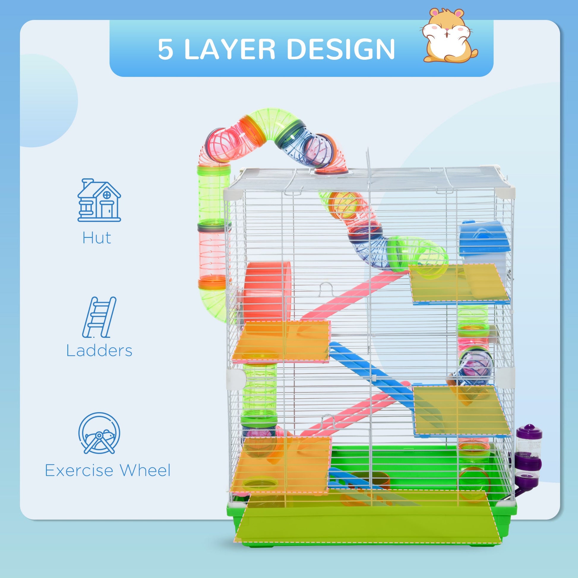 5 Tier Hamster Cage, Gerbil Cage with Tube Exercise Wheels, Tunnel, Water Bottle, Dishes, 58H x 46L x 30Wcm, Green