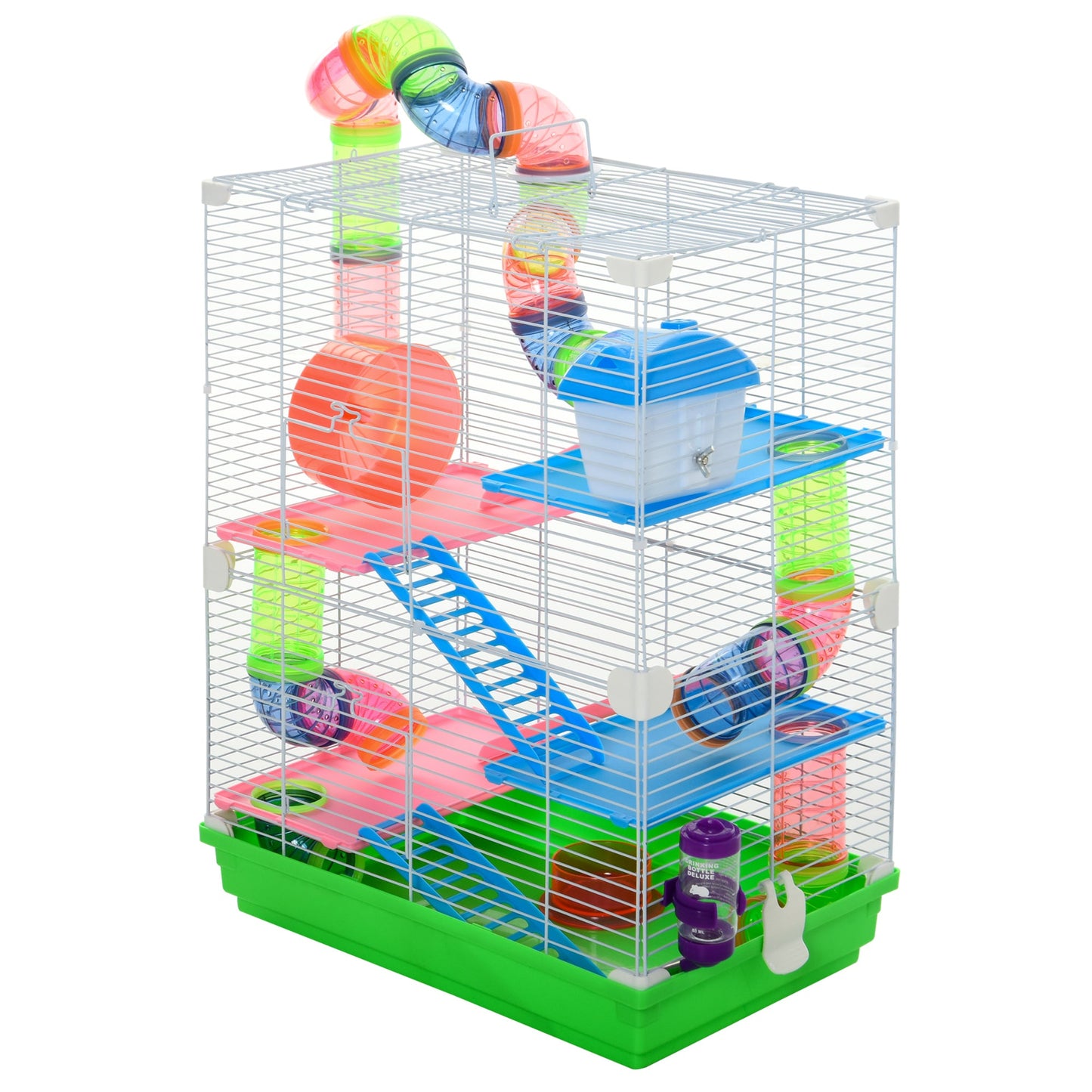 5 Tier Hamster Cage, Gerbil Cage with Tube Exercise Wheels, Tunnel, Water Bottle, Dishes, 58H x 46L x 30Wcm, Green