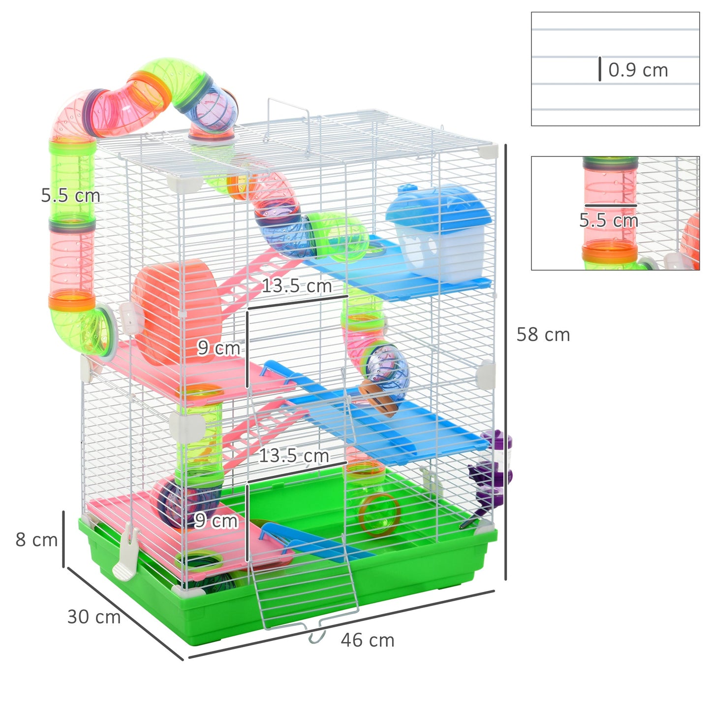 5 Tier Hamster Cage, Gerbil Cage with Tube Exercise Wheels, Tunnel, Water Bottle, Dishes, 58H x 46L x 30Wcm, Green