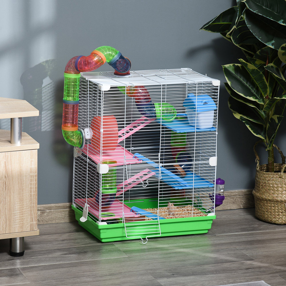 5 Tier Hamster Cage, Gerbil Cage with Tube Exercise Wheels, Tunnel, Water Bottle, Dishes, 58H x 46L x 30Wcm, Green