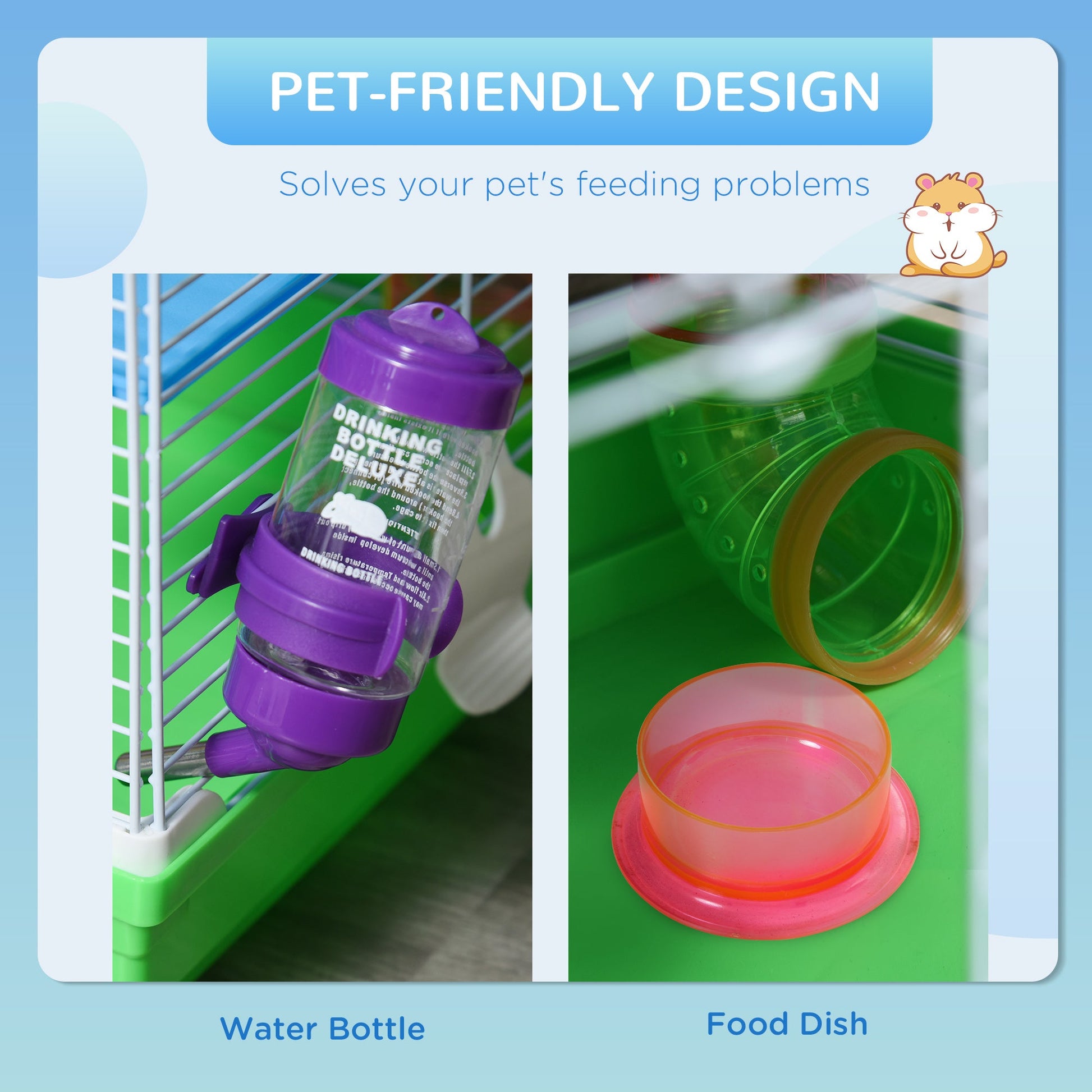 5 Tier Hamster Cage, Gerbil Cage with Tube Exercise Wheels, Tunnel, Water Bottle, Dishes, 58H x 46L x 30Wcm, Green
