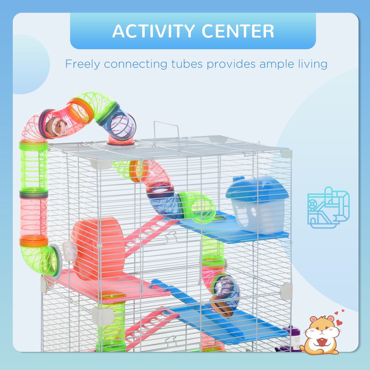 5 Tier Hamster Cage, Gerbil Cage with Tube Exercise Wheels, Tunnel, Water Bottle, Dishes, 58H x 46L x 30Wcm, Green