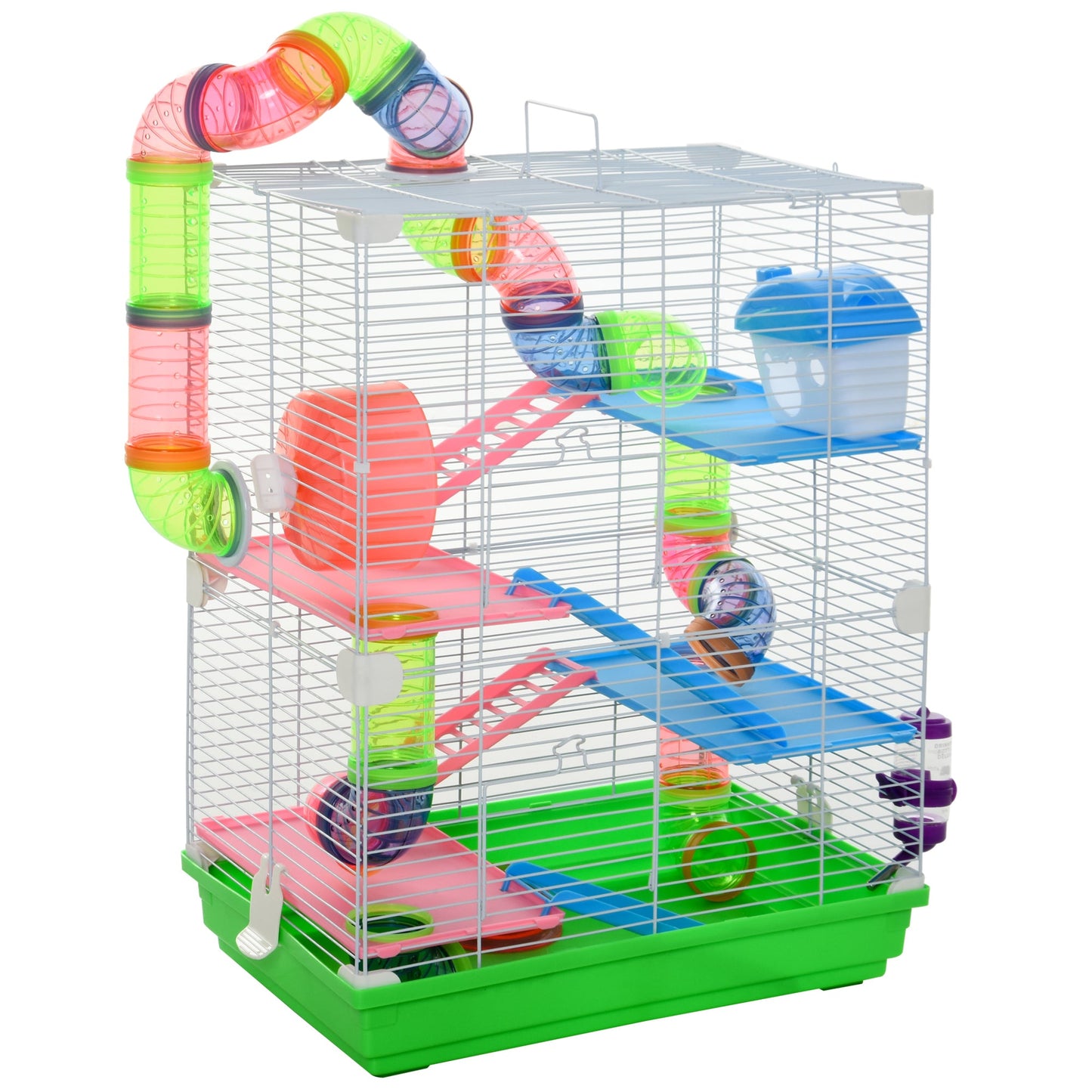 5 Tier Hamster Cage, Gerbil Cage with Tube Exercise Wheels, Tunnel, Water Bottle, Dishes, 58H x 46L x 30Wcm, Green