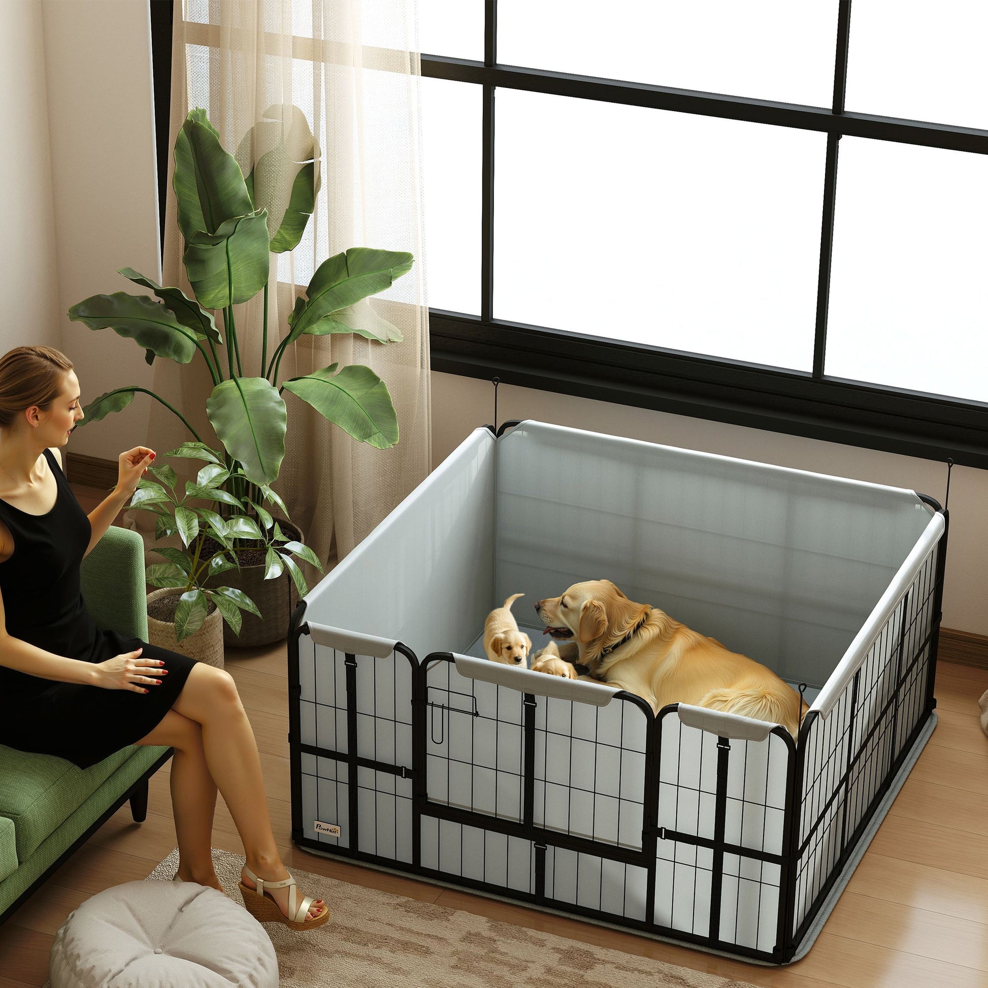 Whelping Box for Dogs and Puppies, 4 Panel Whelping Pen with Washable Whelping Pad, Wind-Resistant Cloth, Lockable Door, Dog Playpen for Small and Medium Breeds, 122 x 122 x 60cm