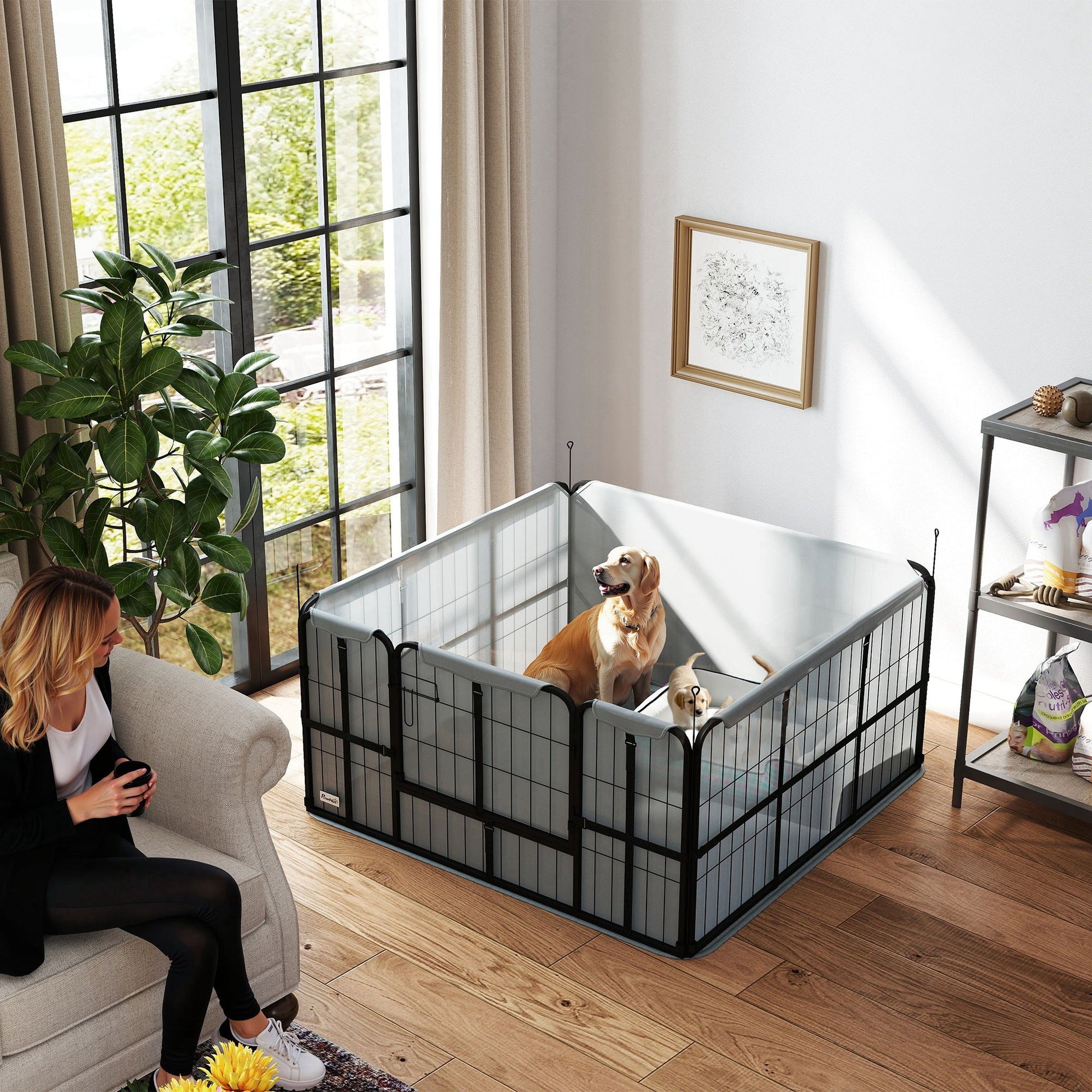 Whelping Box for Dogs and Puppies, 4 Panel Whelping Pen with Washable Whelping Pad, Wind-Resistant Cloth, Lockable Door, Dog Playpen for Small and Medium Breeds, 122 x 122 x 60cm