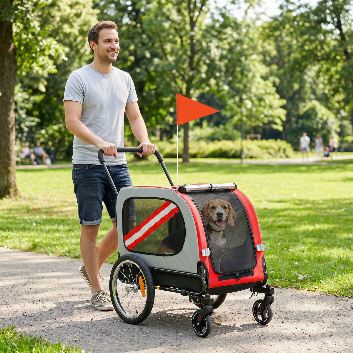 Dog Bike Trailer, 2 in 1 Foldable Pet Stroller Security Harness, Reflectors, Quick Release Wheels, Flag, for Medium Dogs, Red